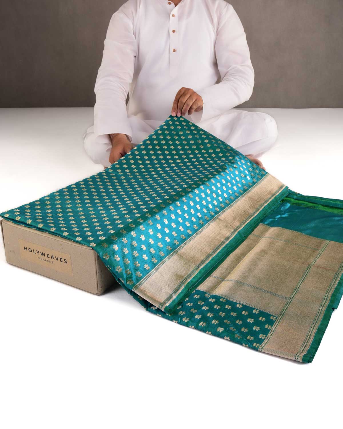 Shot Blue-Green Gold Zari Kamal Buti Cutwork Brocade Handwoven Katan Silk Banarasi Saree-HolyWeaves
