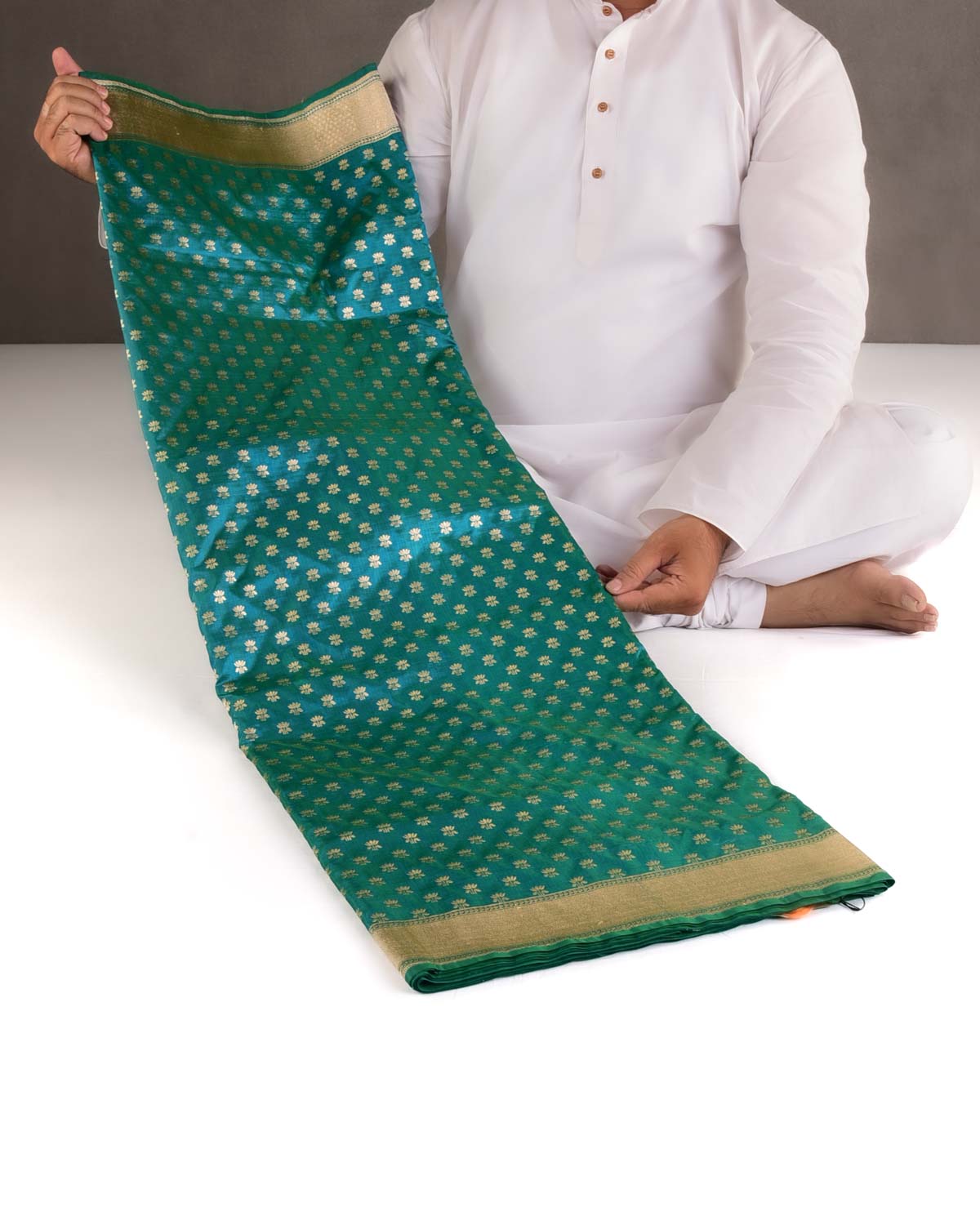 Shot Blue-Green Gold Zari Kamal Buti Cutwork Brocade Handwoven Katan Silk Banarasi Saree-HolyWeaves