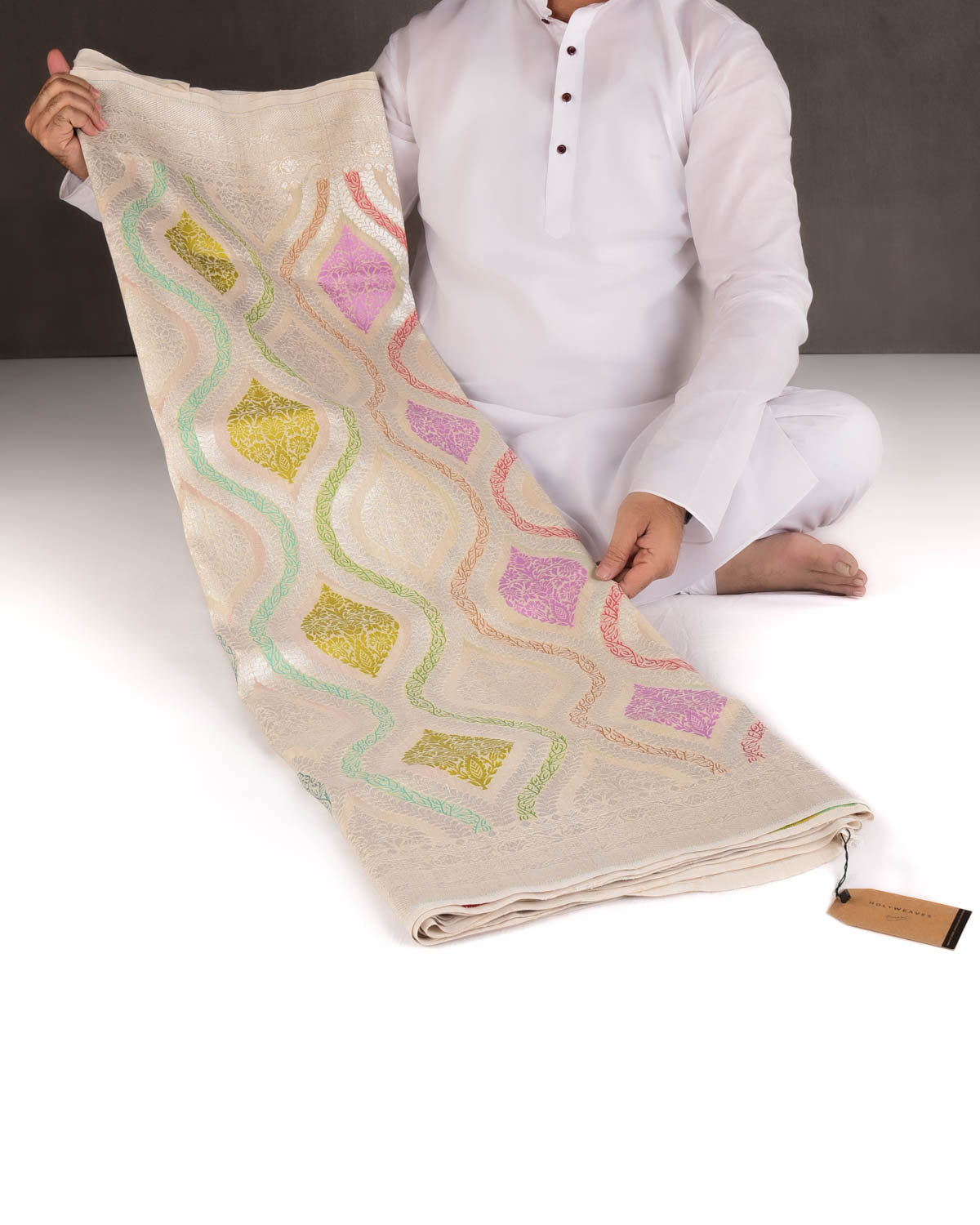 Beige Silver Zari & Menekari Traditional Cutwork Brocade Handwoven Tasar Georgette Banarasi Saree-HolyWeaves