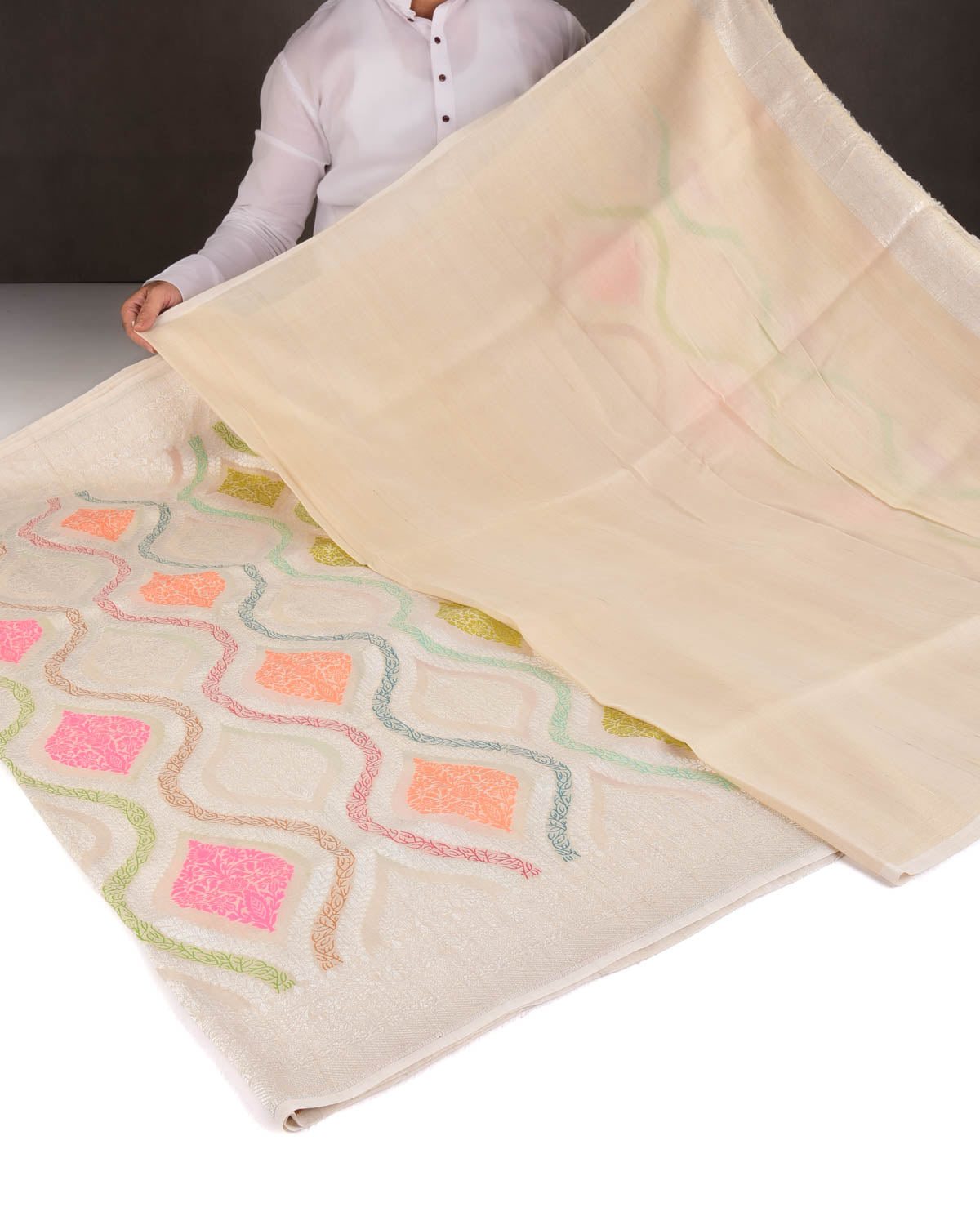 Beige Silver Zari & Menekari Traditional Cutwork Brocade Handwoven Tasar Georgette Banarasi Saree-HolyWeaves