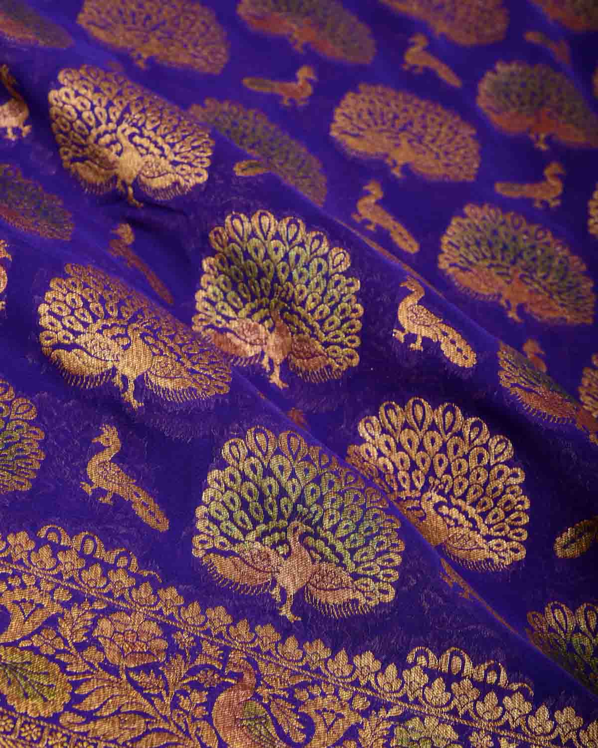 Purple Antique Zari Peacock Shikargah Hand Brush Dye Cutwork Brocade Handwoven Khaddi Georgette Banarasi Saree-HolyWeaves