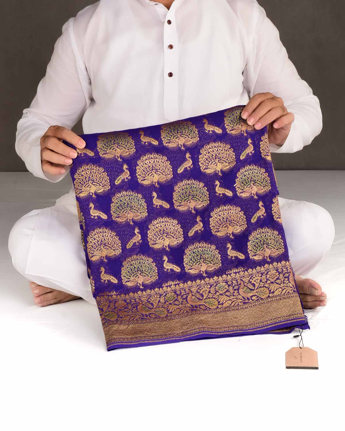 Purple Antique Zari Peacock Shikargah Hand Brush Dye Cutwork Brocade Handwoven Khaddi Georgette Banarasi Saree-HolyWeaves