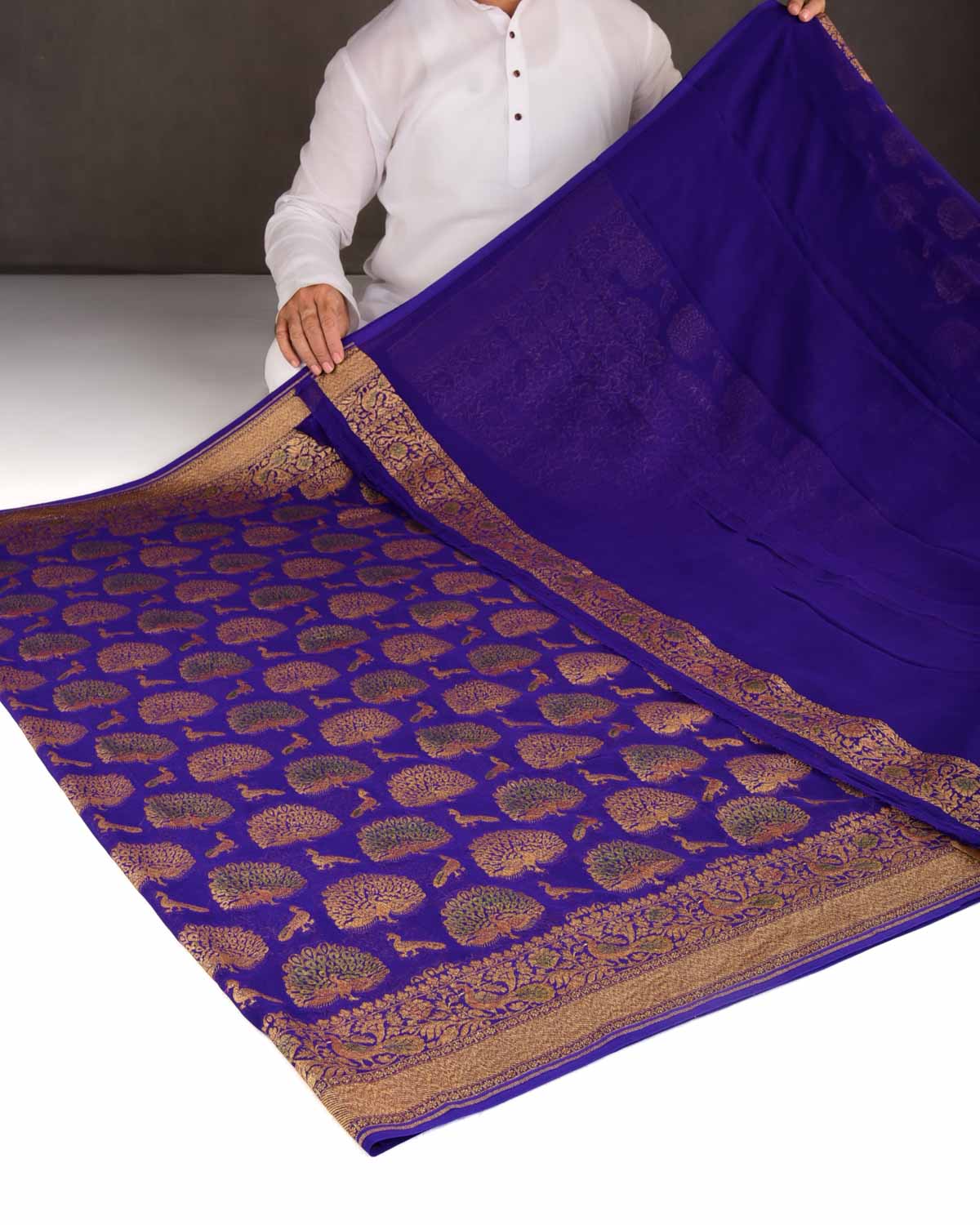 Purple Antique Zari Peacock Shikargah Hand Brush Dye Cutwork Brocade Handwoven Khaddi Georgette Banarasi Saree-HolyWeaves