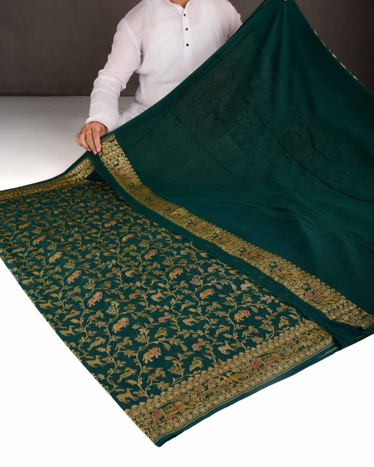 Sacramento Green Antique Zari Shikargah Hand Brush Dye Cutwork Brocade Handwoven Khaddi Georgette Banarasi Saree-HolyWeaves