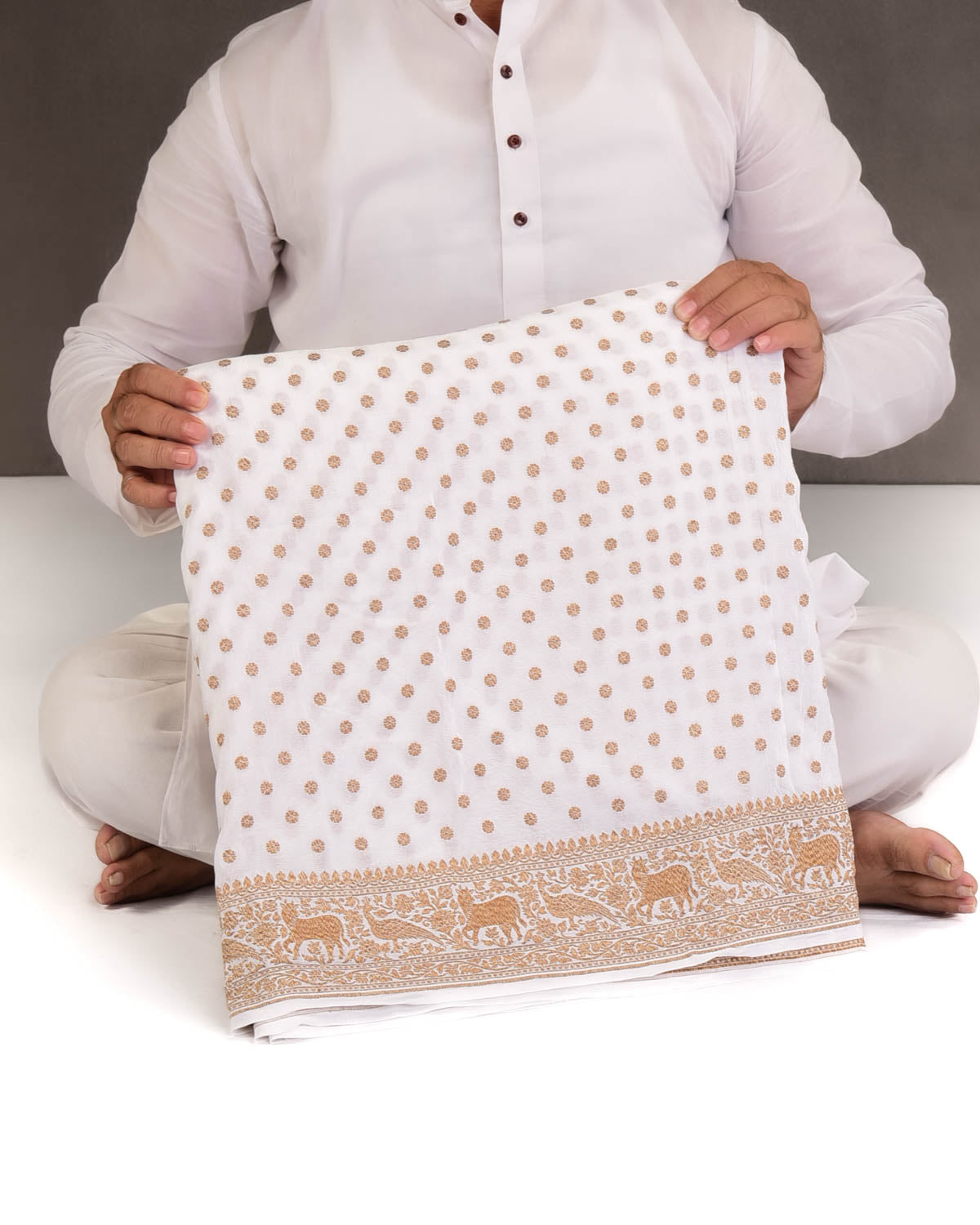 Ivory White Antique Zari Buti Cutwork Brocade Handwoven Crepe Georgette Banarasi Saree with Shikargah Pallu-HolyWeaves