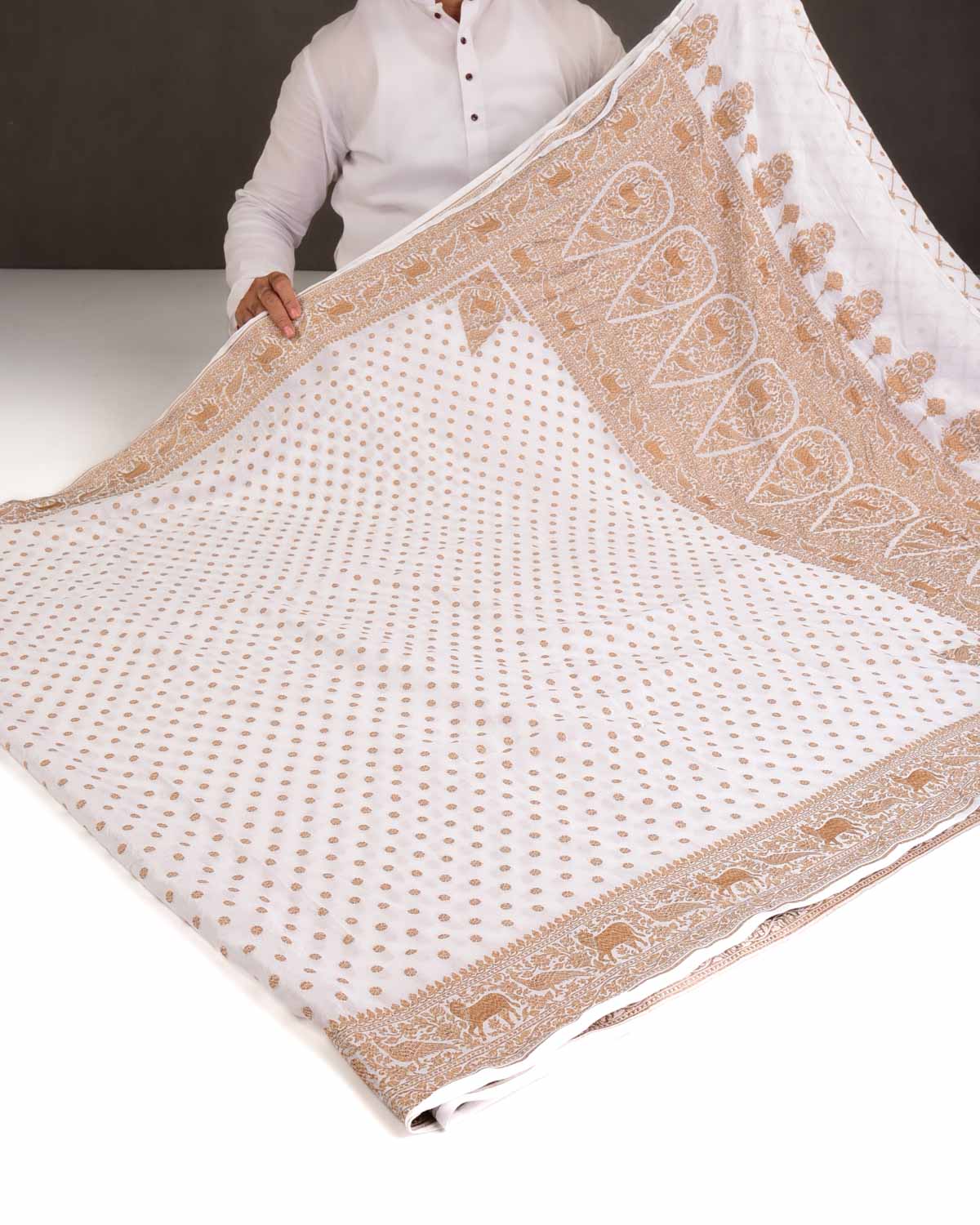 Ivory White Antique Zari Buti Cutwork Brocade Handwoven Crepe Georgette Banarasi Saree with Shikargah Pallu-HolyWeaves