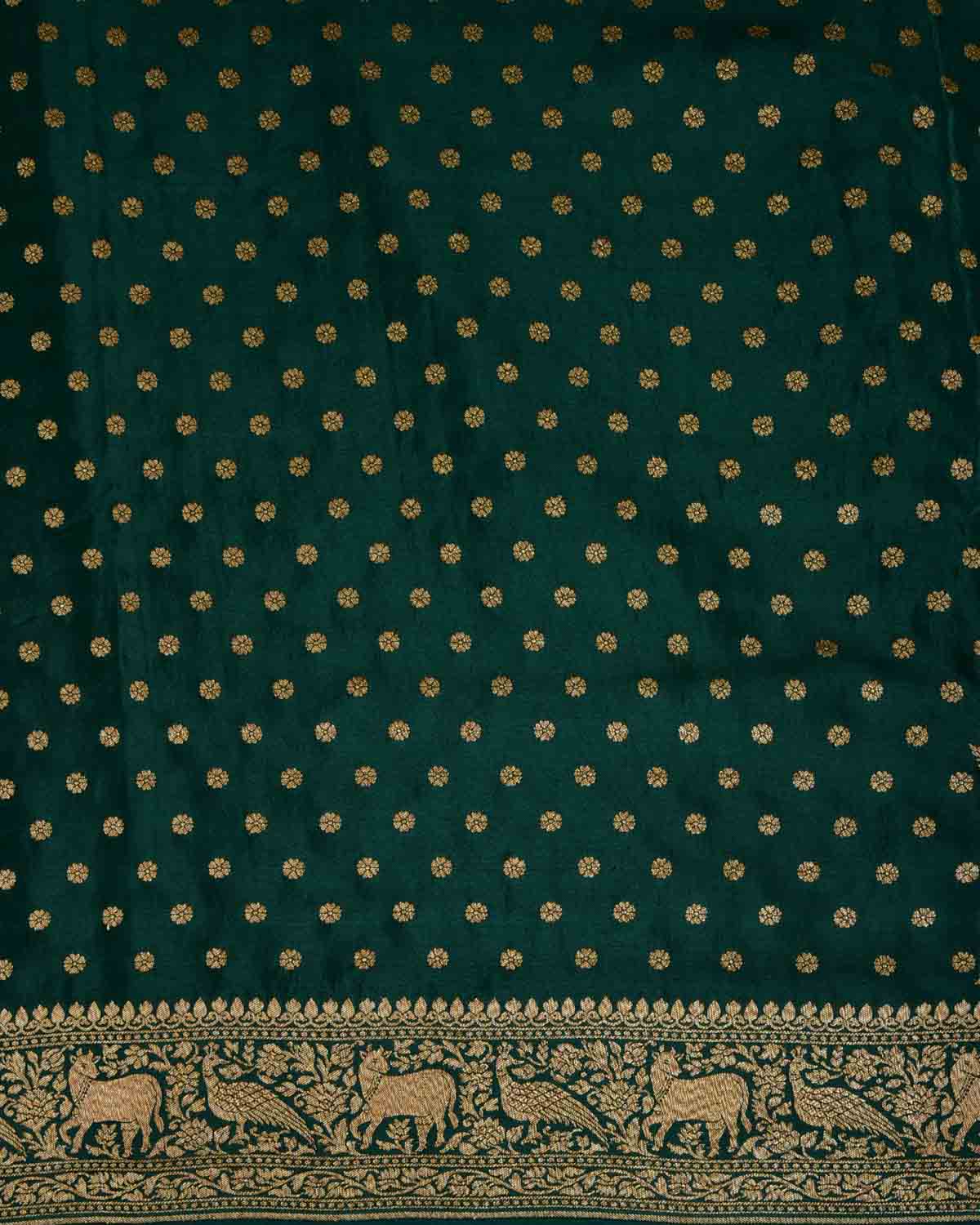Midnight Green Antique Zari Buti Cutwork Brocade Handwoven Crepe Georgette Banarasi Saree with Shikargah Pallu-HolyWeaves