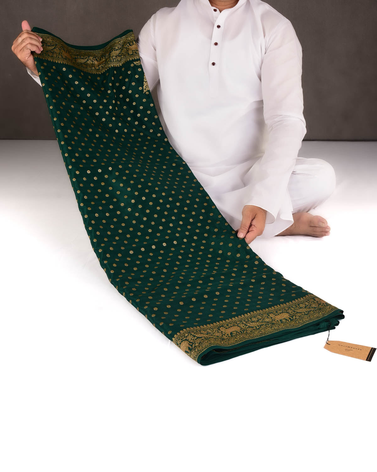 Midnight Green Antique Zari Buti Cutwork Brocade Handwoven Crepe Georgette Banarasi Saree with Shikargah Pallu-HolyWeaves