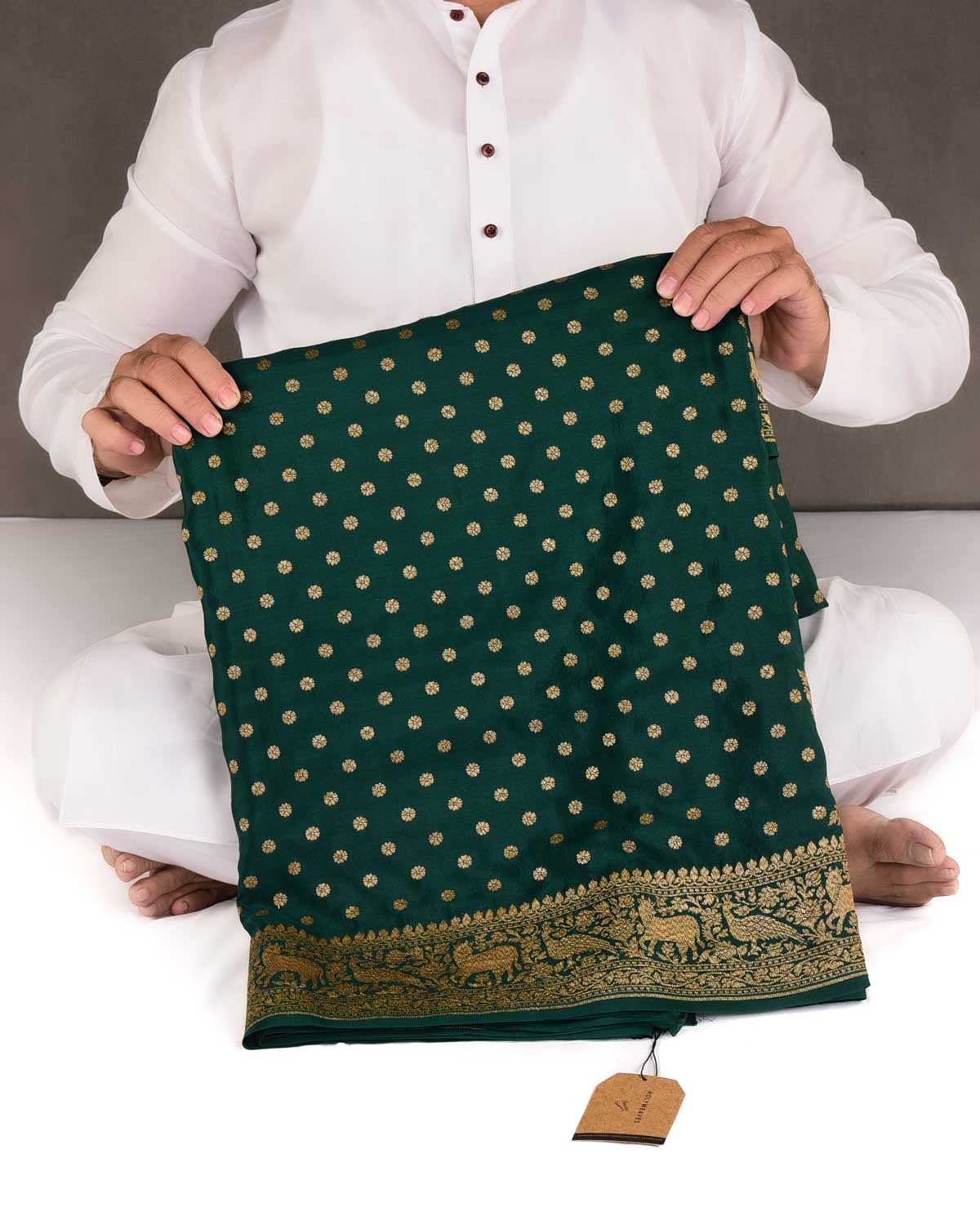 Midnight Green Antique Zari Buti Cutwork Brocade Handwoven Crepe Georgette Banarasi Saree with Shikargah Pallu-HolyWeaves