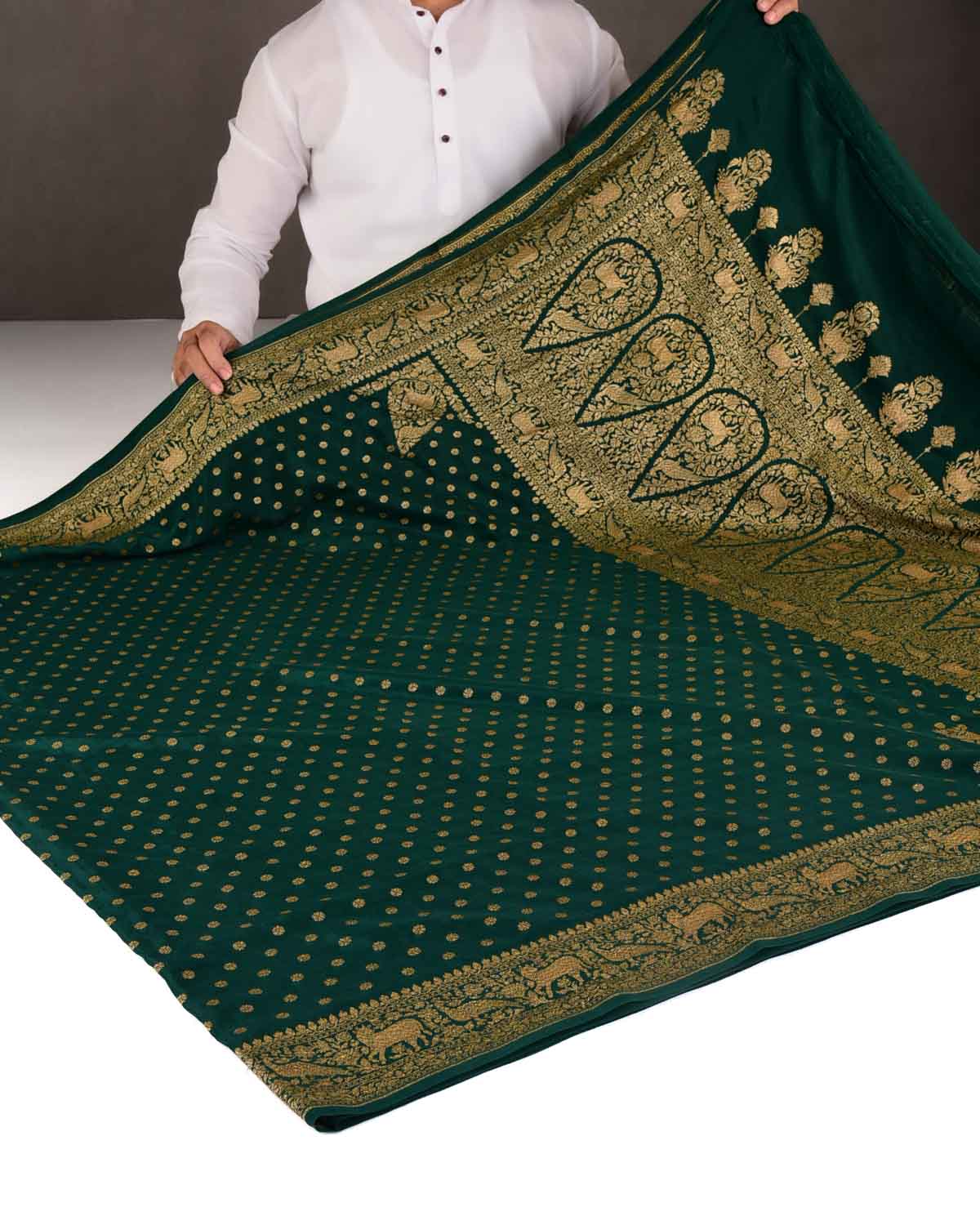 Midnight Green Antique Zari Buti Cutwork Brocade Handwoven Crepe Georgette Banarasi Saree with Shikargah Pallu-HolyWeaves
