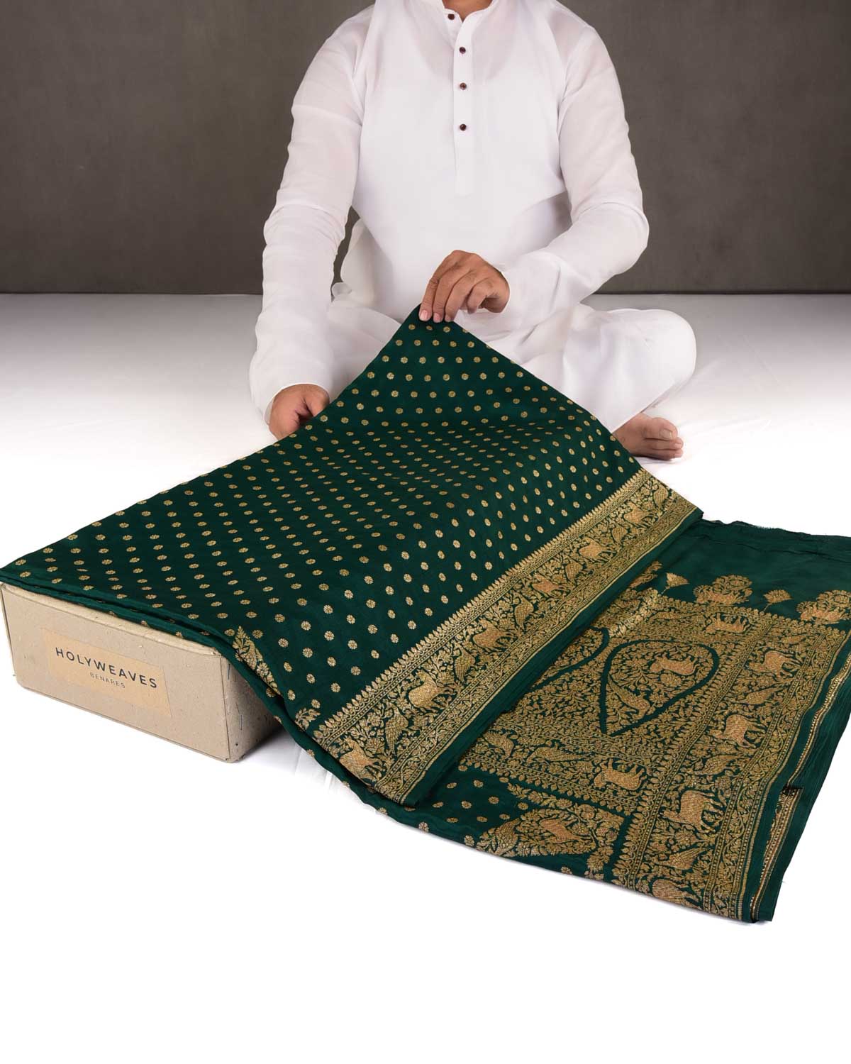 Midnight Green Antique Zari Buti Cutwork Brocade Handwoven Crepe Georgette Banarasi Saree with Shikargah Pallu-HolyWeaves
