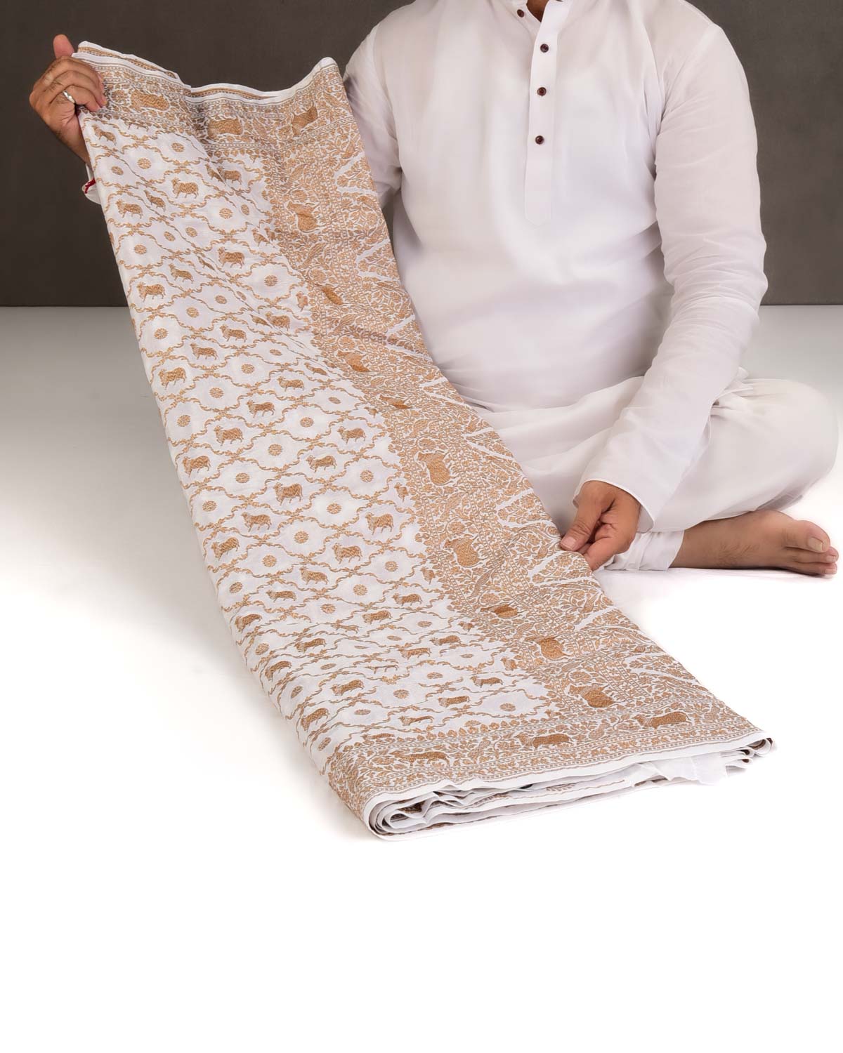 Ivory White Antique Zari Cow Jangla Cutwork Brocade Handwoven Crepe Georgette Banarasi Saree with Shikargah Pallu-HolyWeaves