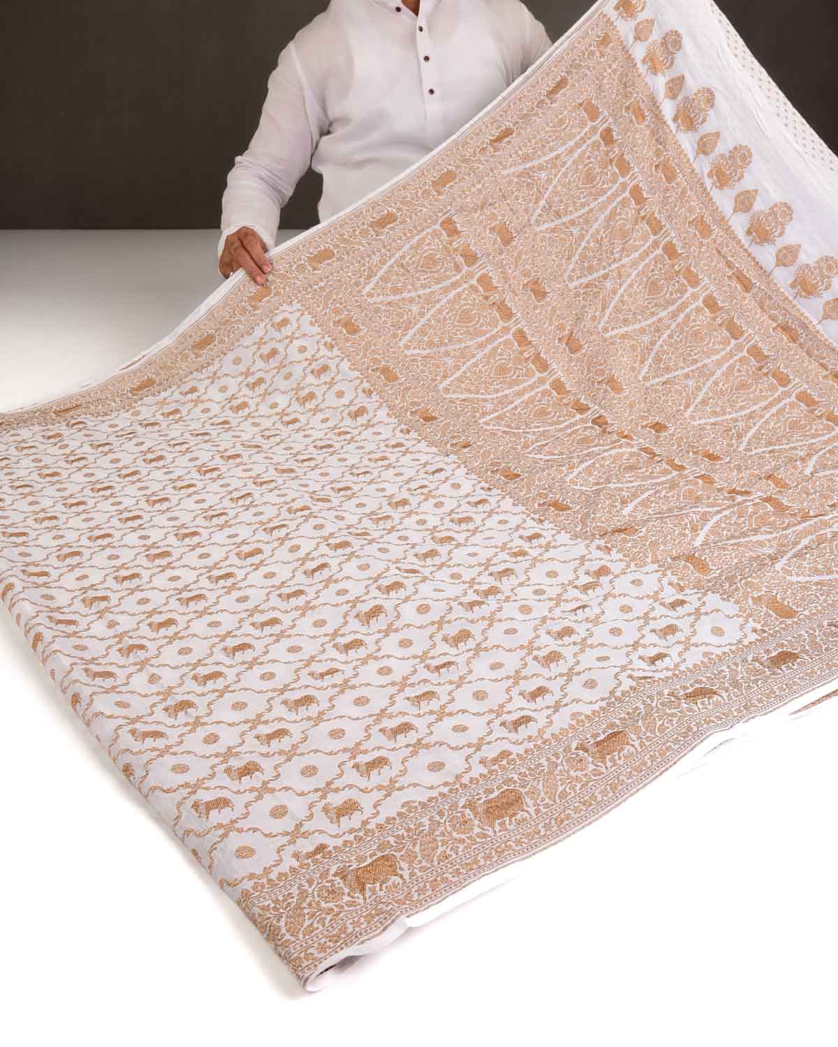 Ivory White Antique Zari Cow Jangla Cutwork Brocade Handwoven Crepe Georgette Banarasi Saree with Shikargah Pallu-HolyWeaves