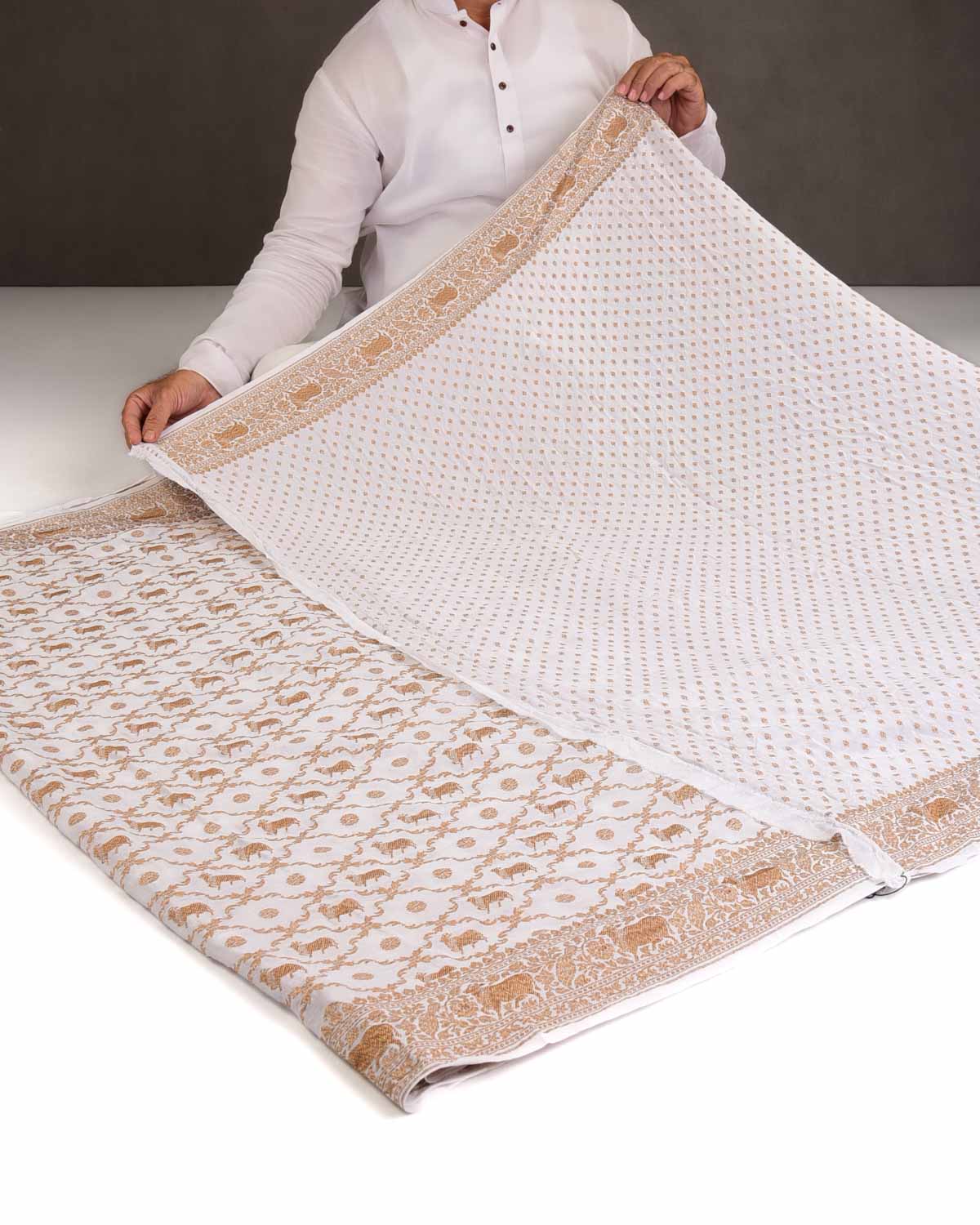 Ivory White Antique Zari Cow Jangla Cutwork Brocade Handwoven Crepe Georgette Banarasi Saree with Shikargah Pallu-HolyWeaves