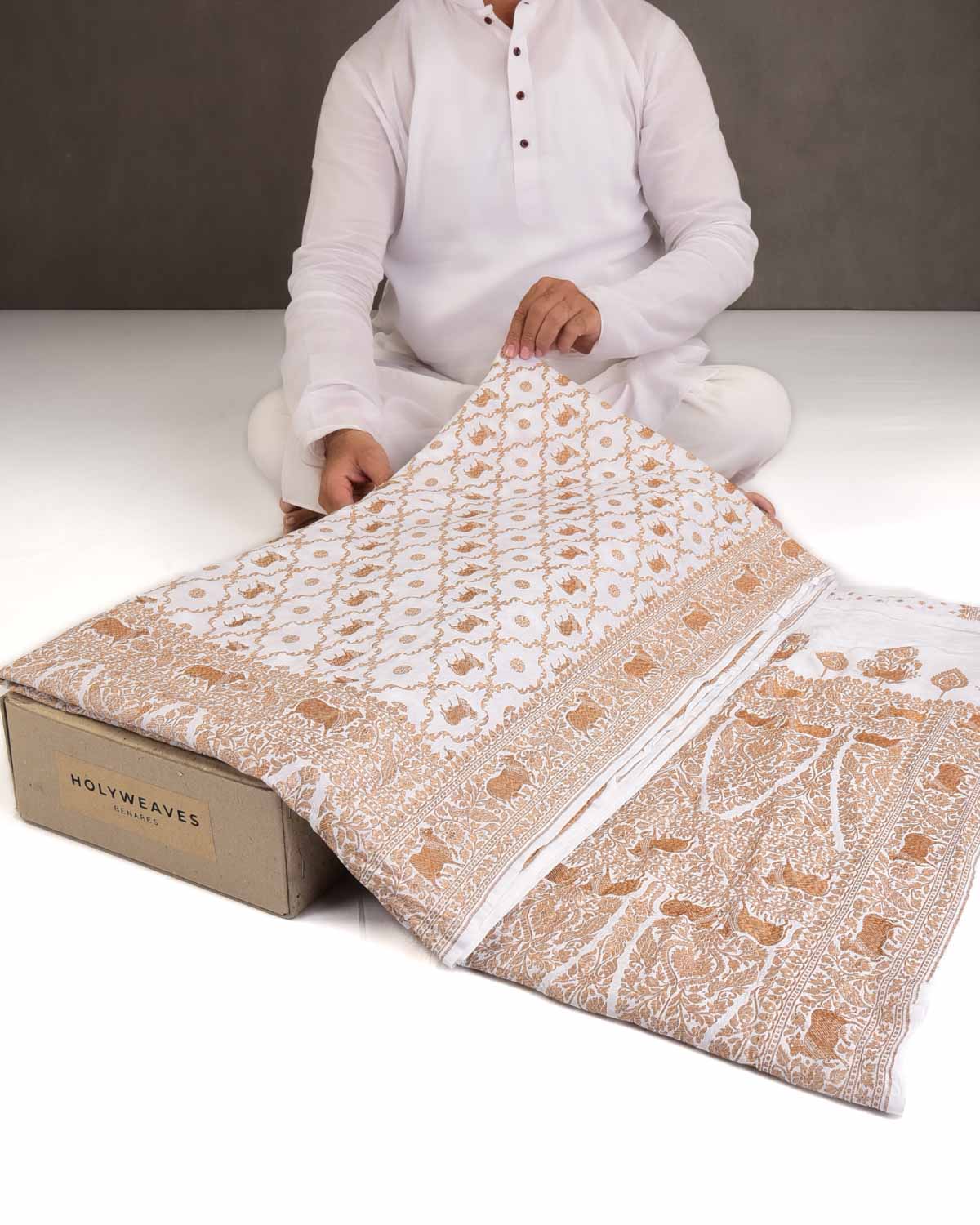 Ivory White Antique Zari Cow Jangla Cutwork Brocade Handwoven Crepe Georgette Banarasi Saree with Shikargah Pallu-HolyWeaves