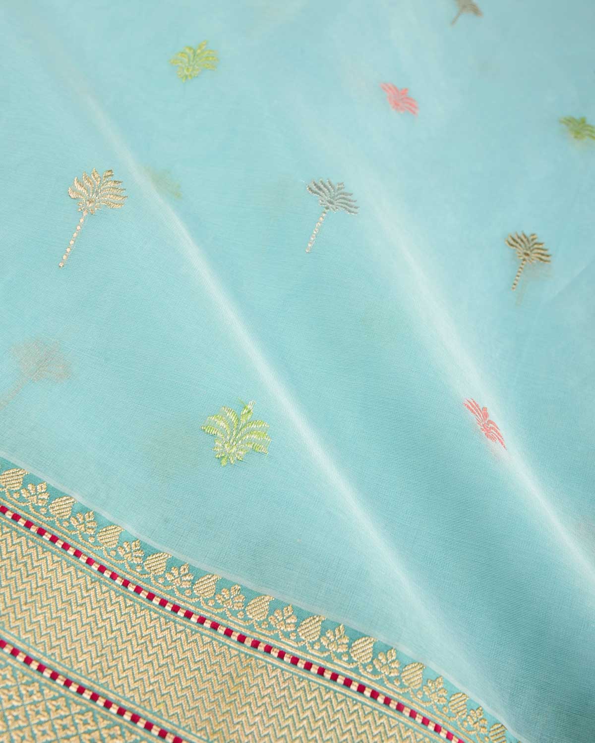 Powder Blue Gold & Silver Zari & Meenekari Buti Kadhuan Brocade Handwoven Kora Silk Banarasi Saree with Koniya Buta-HolyWeaves