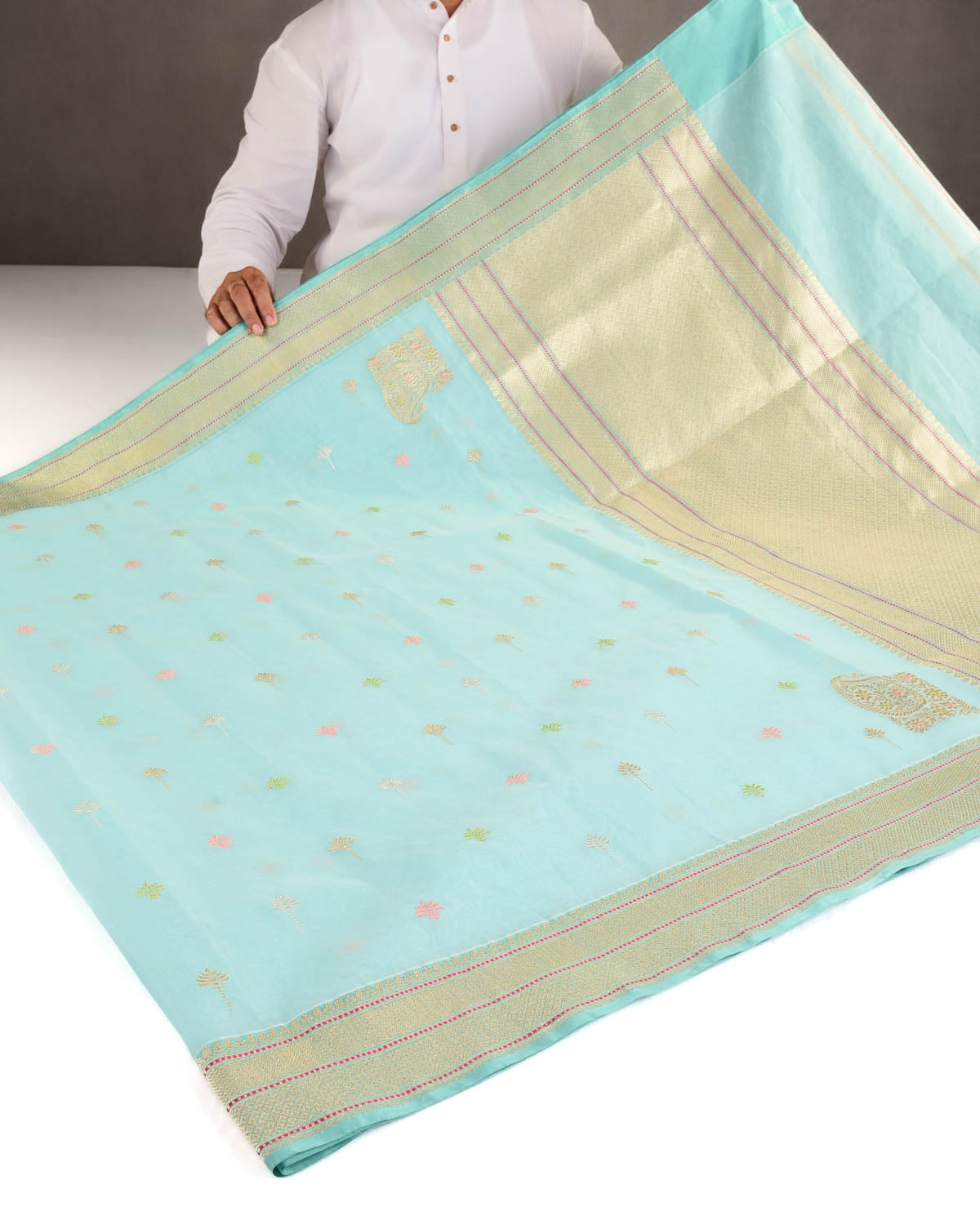 Powder Blue Gold & Silver Zari & Meenekari Buti Kadhuan Brocade Handwoven Kora Silk Banarasi Saree with Koniya Buta-HolyWeaves