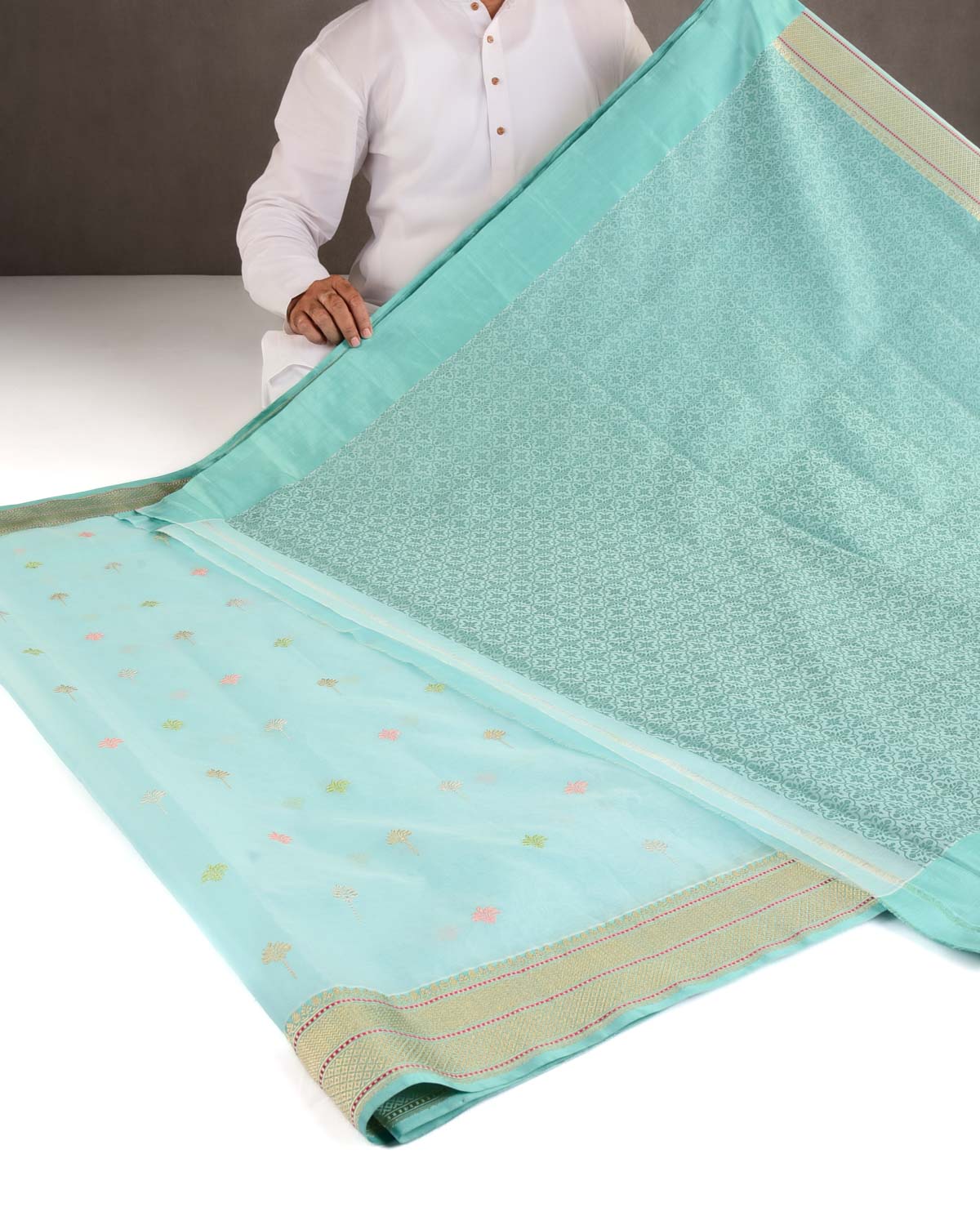 Powder Blue Gold & Silver Zari & Meenekari Buti Kadhuan Brocade Handwoven Kora Silk Banarasi Saree with Koniya Buta-HolyWeaves