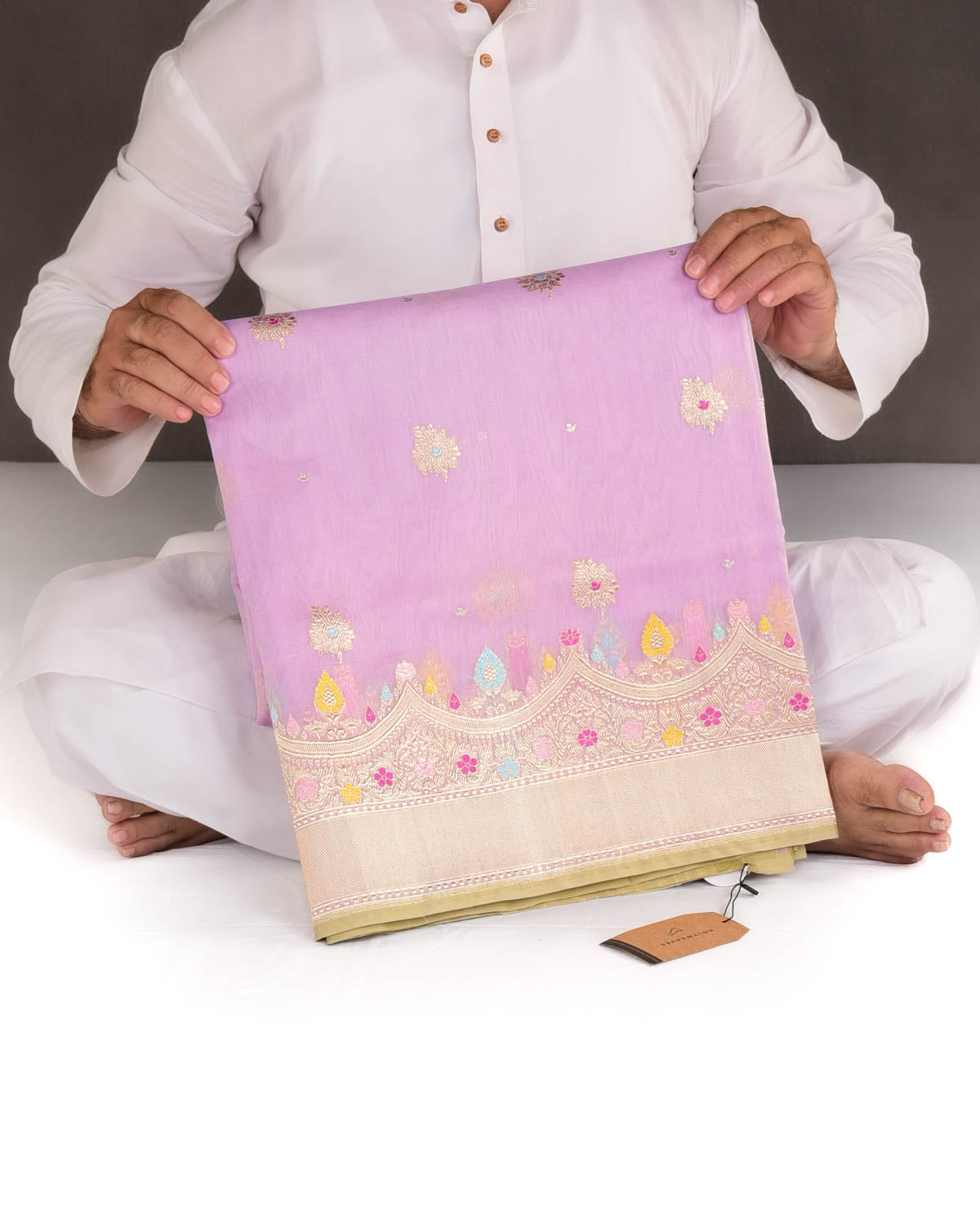 Mauve Gold Zari And Meena Buti Kadhuan Brocade Handwoven Kora Banarasi Saree-HolyWeaves