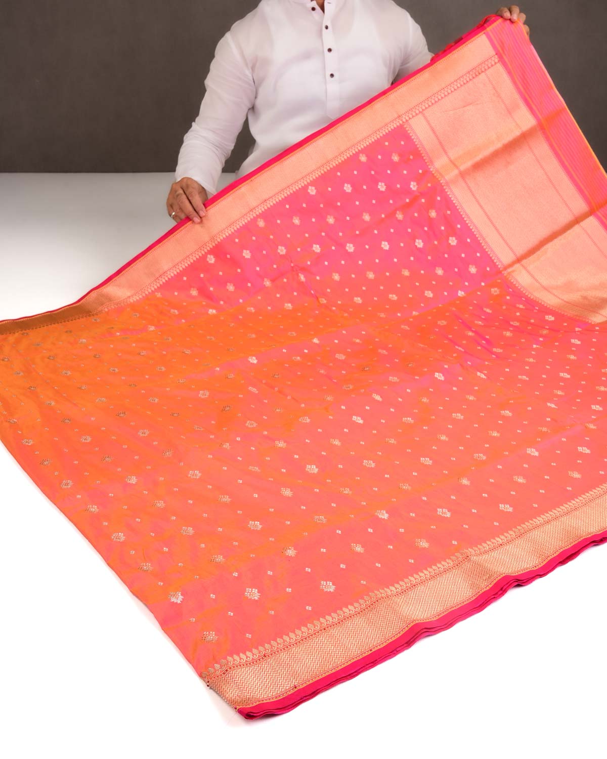 Shot Peach Gold & Silver Zari Bachcha Buti Kadhuan Brocade Handwoven Katan Silk Banarasi Saree-HolyWeaves