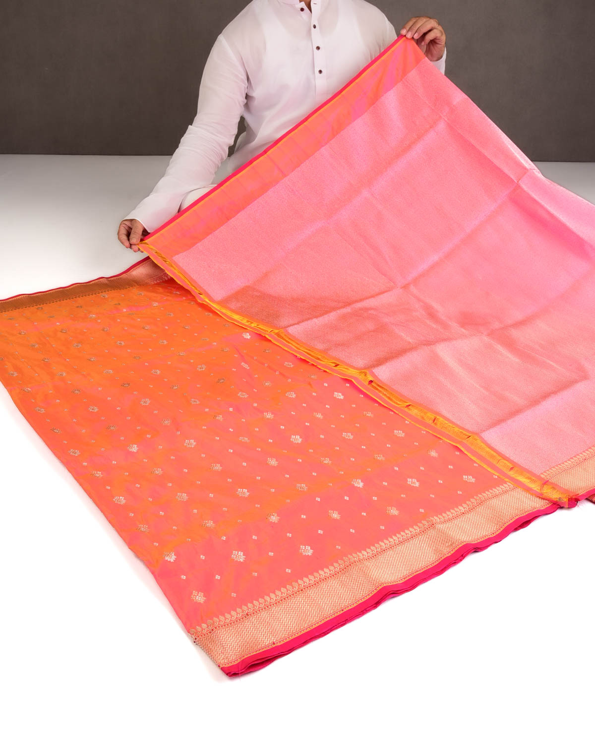 Shot Peach Gold & Silver Zari Bachcha Buti Kadhuan Brocade Handwoven Katan Silk Banarasi Saree-HolyWeaves