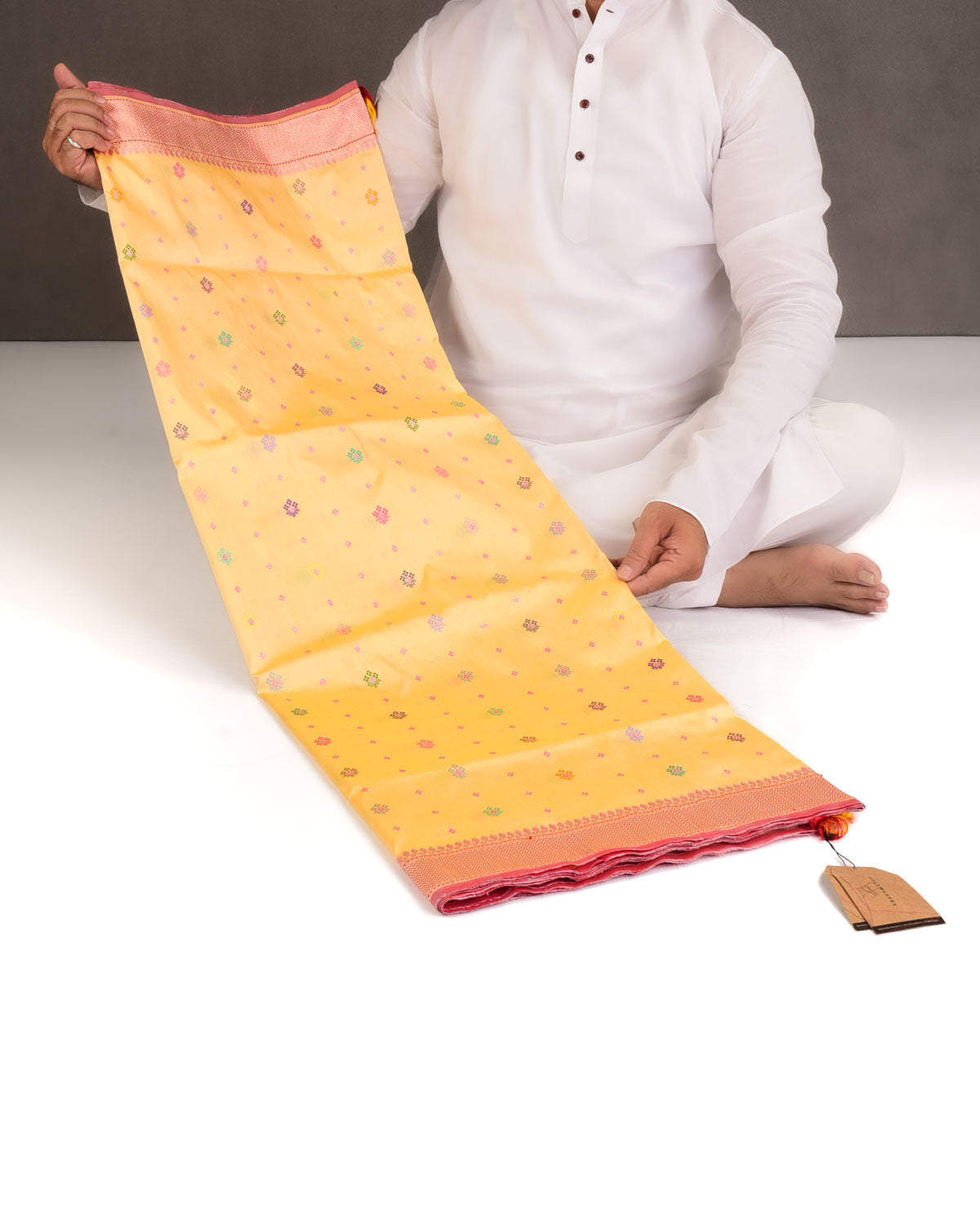 Yellow Multi Color Resham and Pink Zari Bachcha Buti Kadhuan Brocade Handwoven Katan Silk Banarasi Saree-HolyWeaves