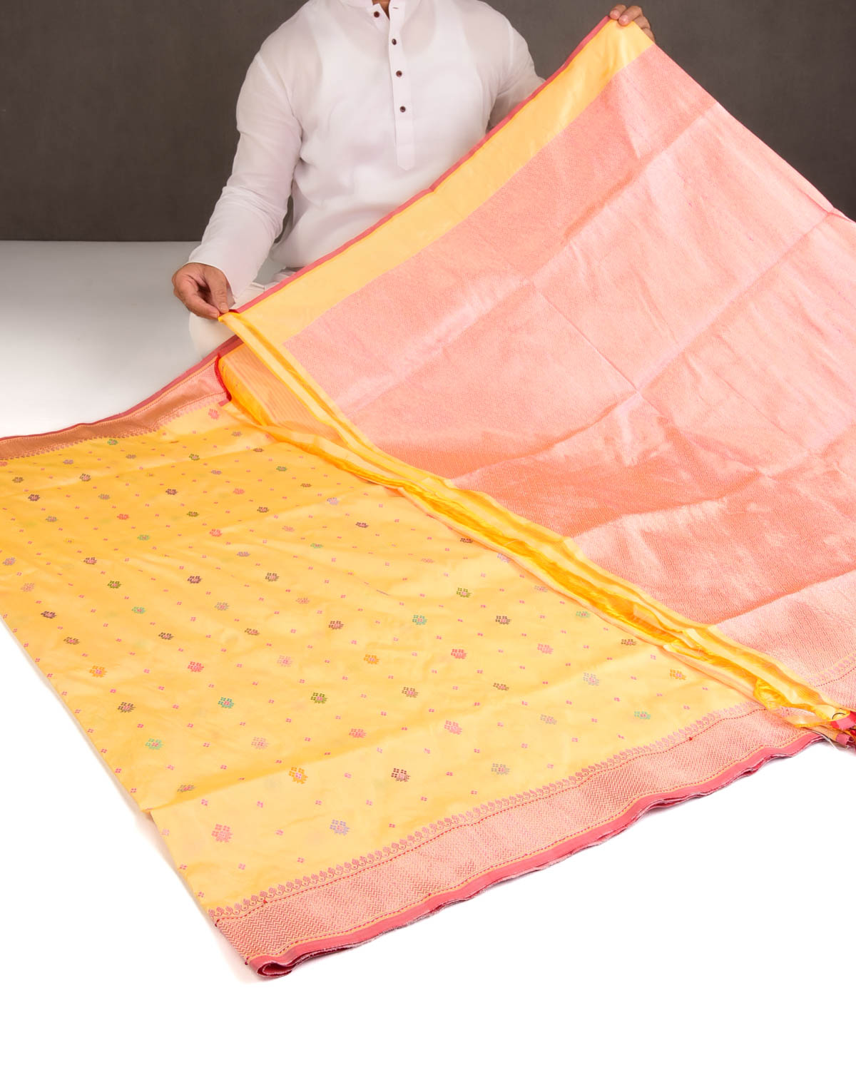 Yellow Multi Color Resham and Pink Zari Bachcha Buti Kadhuan Brocade Handwoven Katan Silk Banarasi Saree-HolyWeaves