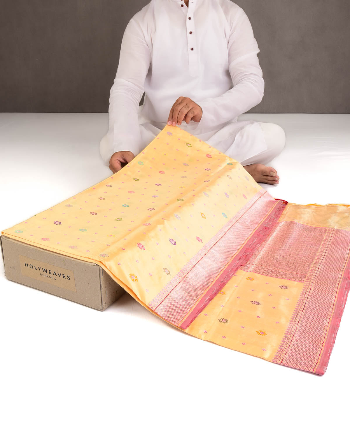 Yellow Multi Color Resham and Pink Zari Bachcha Buti Kadhuan Brocade Handwoven Katan Silk Banarasi Saree-HolyWeaves