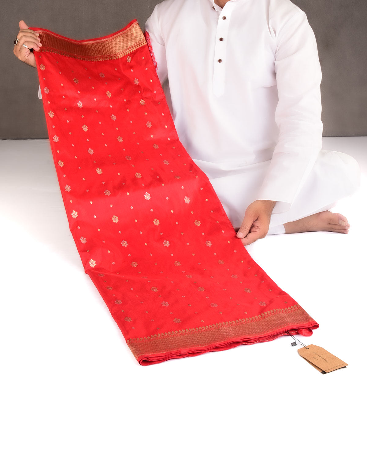 Bridal Red Gold & Silver Zari Bachcha Buti Kadhuan Brocade Handwoven Katan Silk Banarasi Saree-HolyWeaves