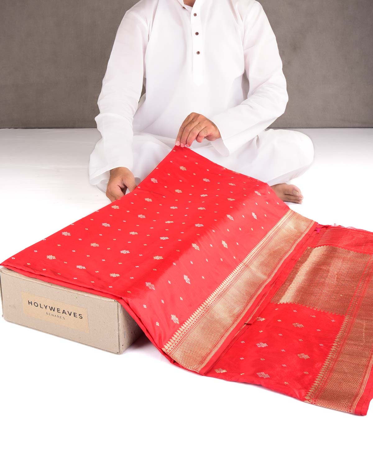 Bridal Red Gold & Silver Zari Bachcha Buti Kadhuan Brocade Handwoven Katan Silk Banarasi Saree-HolyWeaves