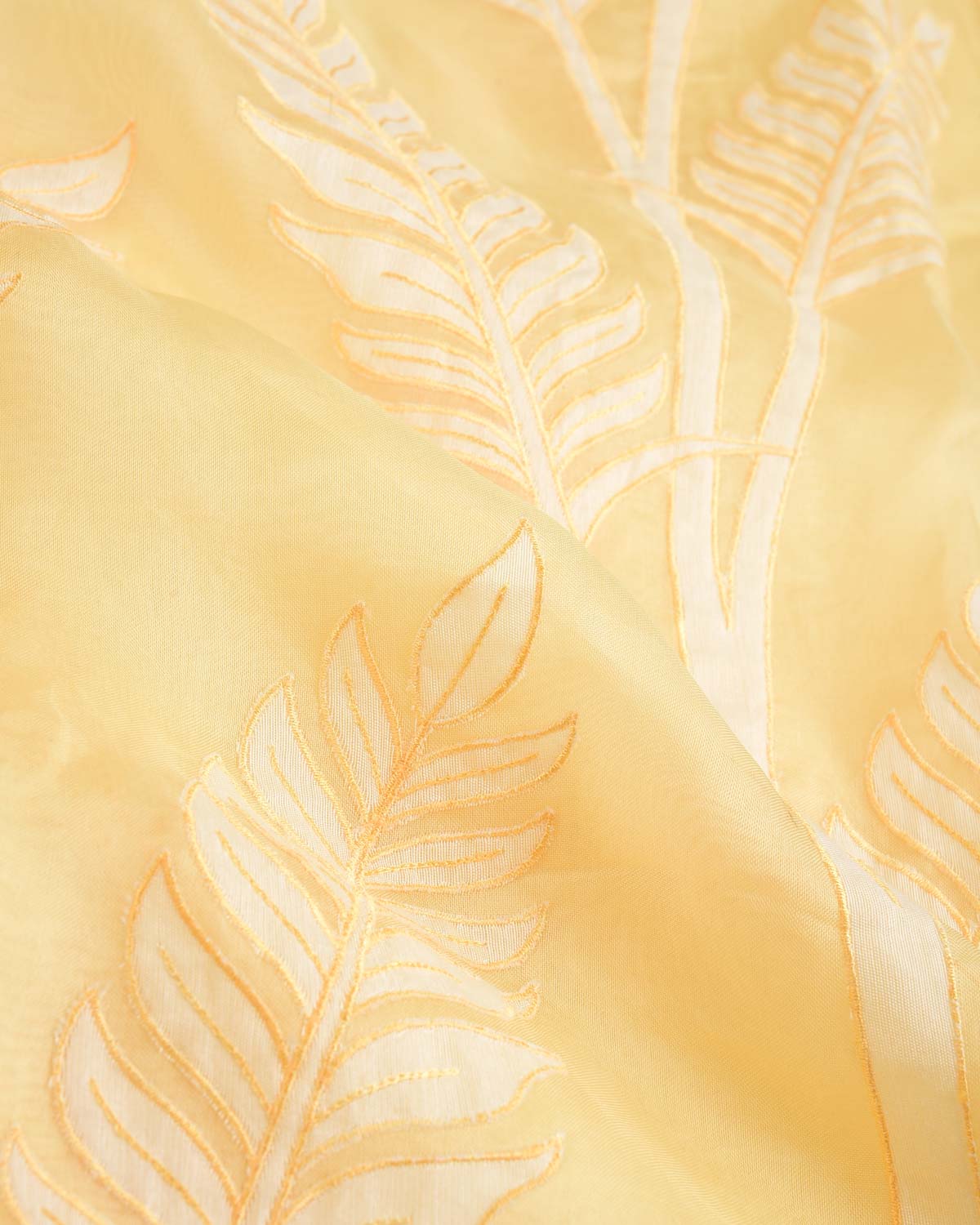 Powder Yellow Palm Leaves Applique Kora Silk Saree with Satin Blouse Piece-HolyWeaves