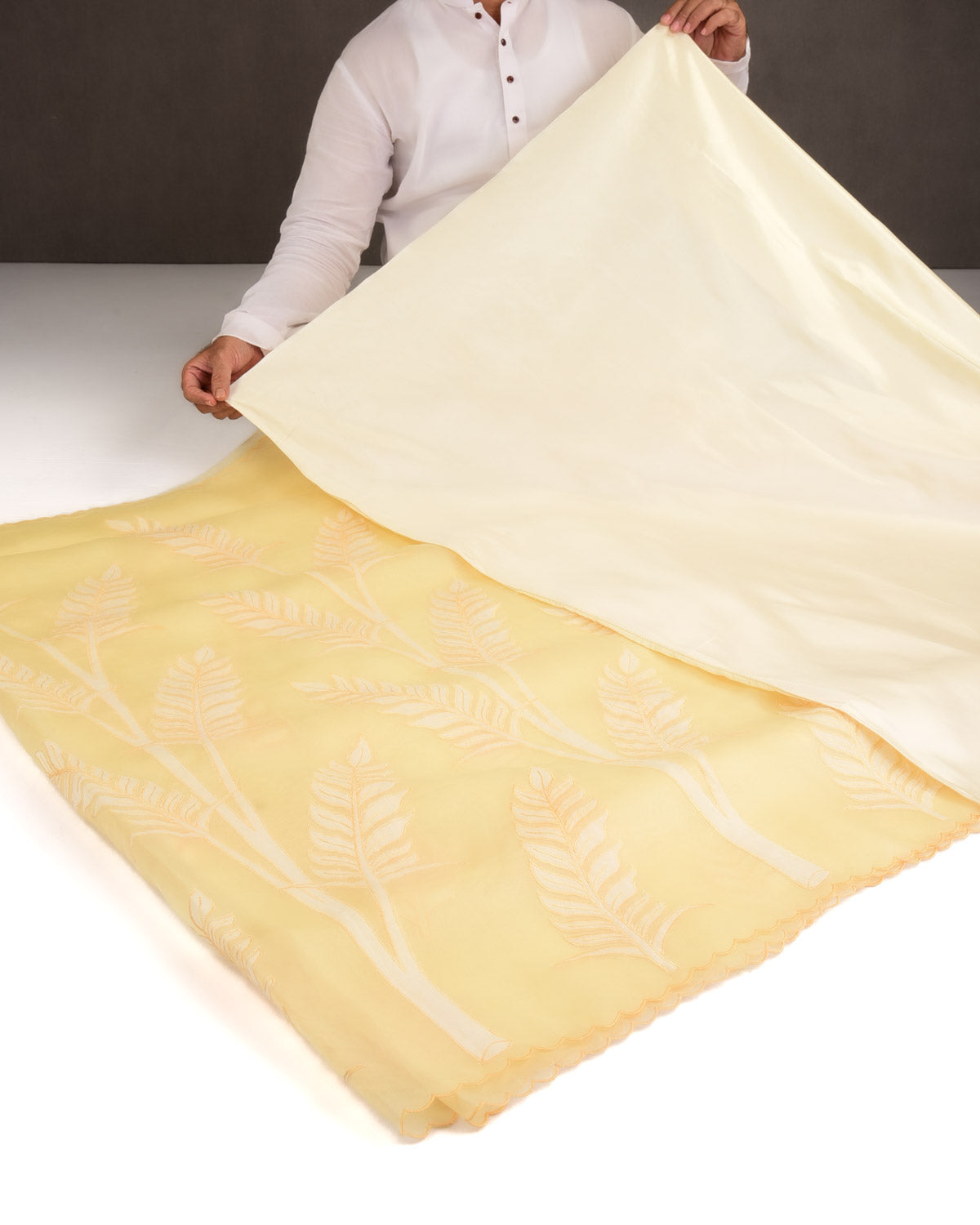 Powder Yellow Palm Leaves Applique Kora Silk Saree with Satin Blouse Piece-HolyWeaves