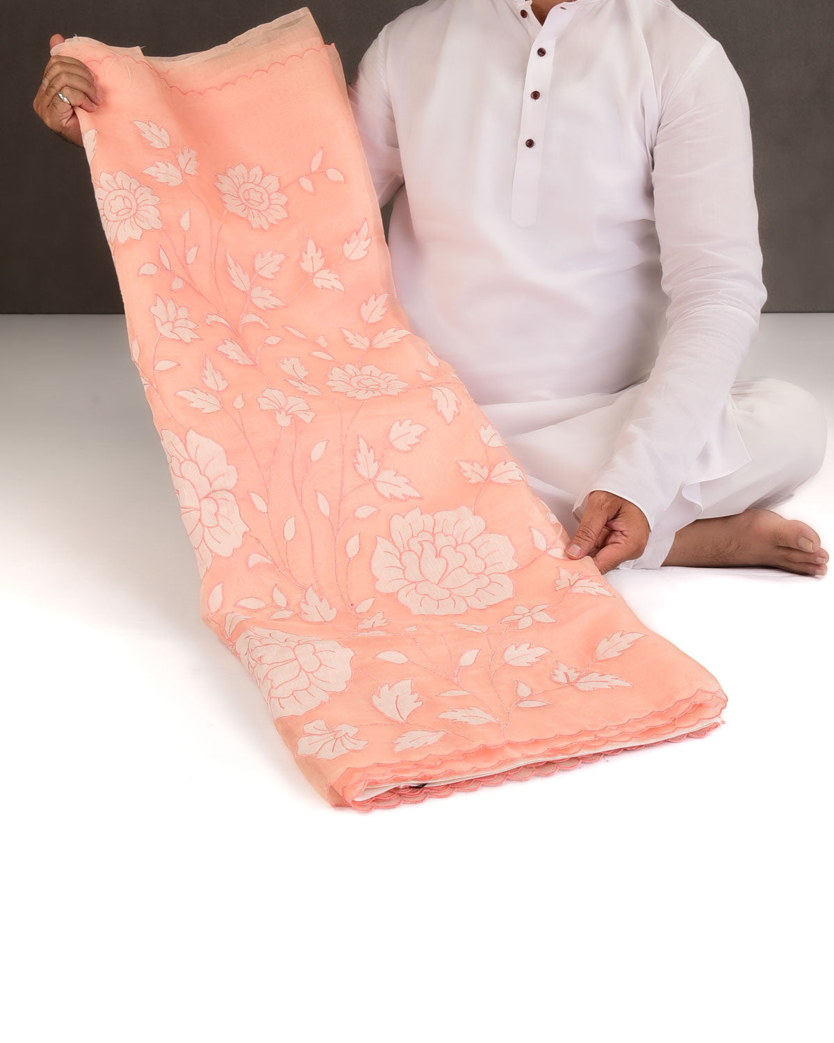 Peach Floral Applique Kora Silk Saree with Satin Blouse Piece-HolyWeaves