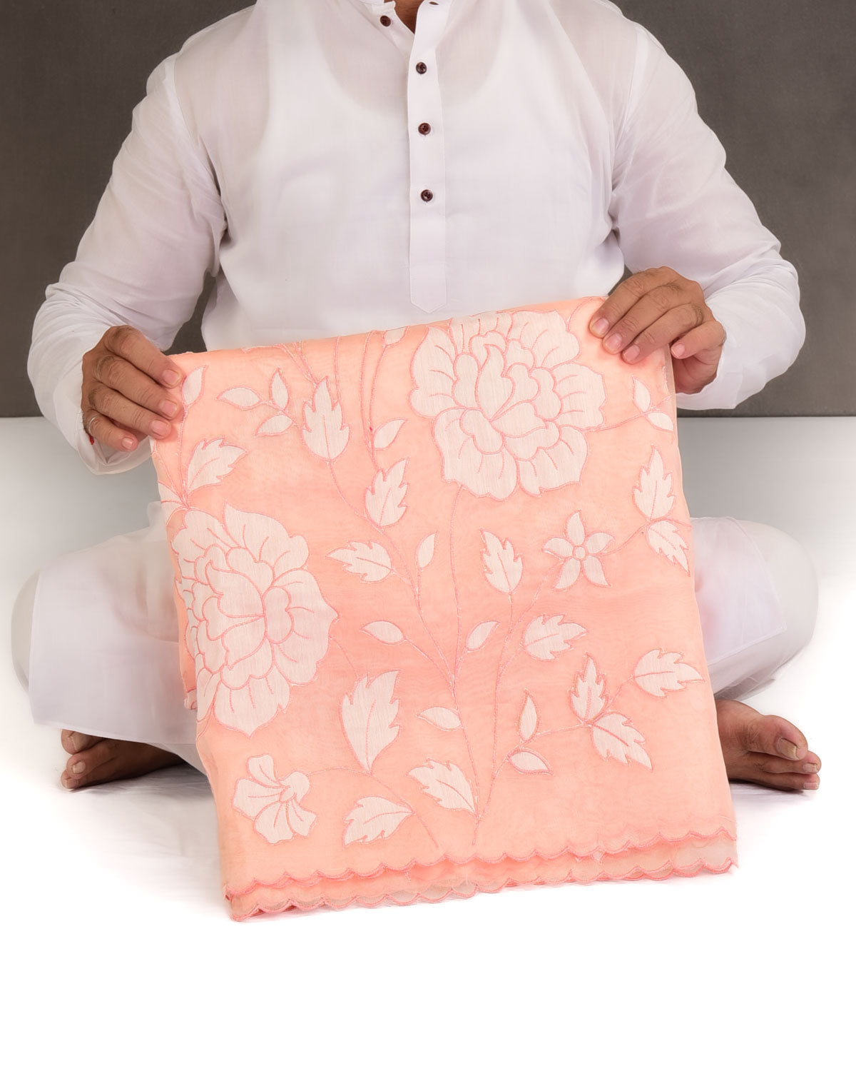 Peach Floral Applique Kora Silk Saree with Satin Blouse Piece-HolyWeaves