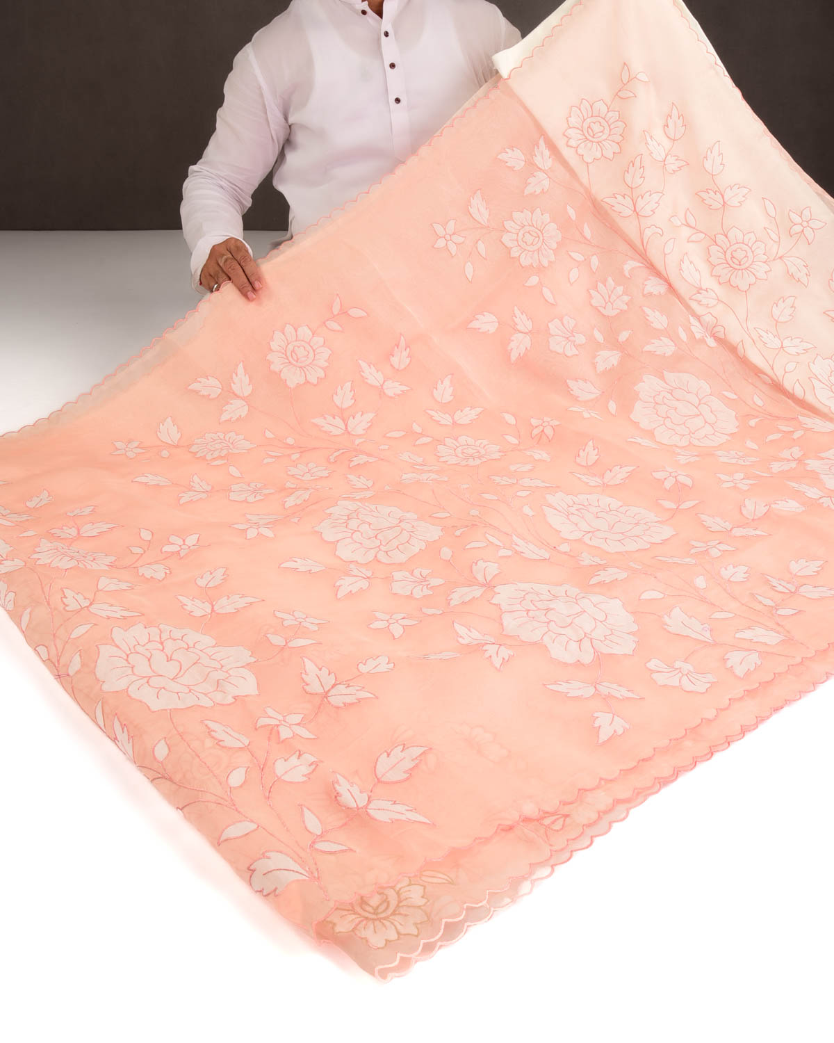 Peach Floral Applique Kora Silk Saree with Satin Blouse Piece-HolyWeaves
