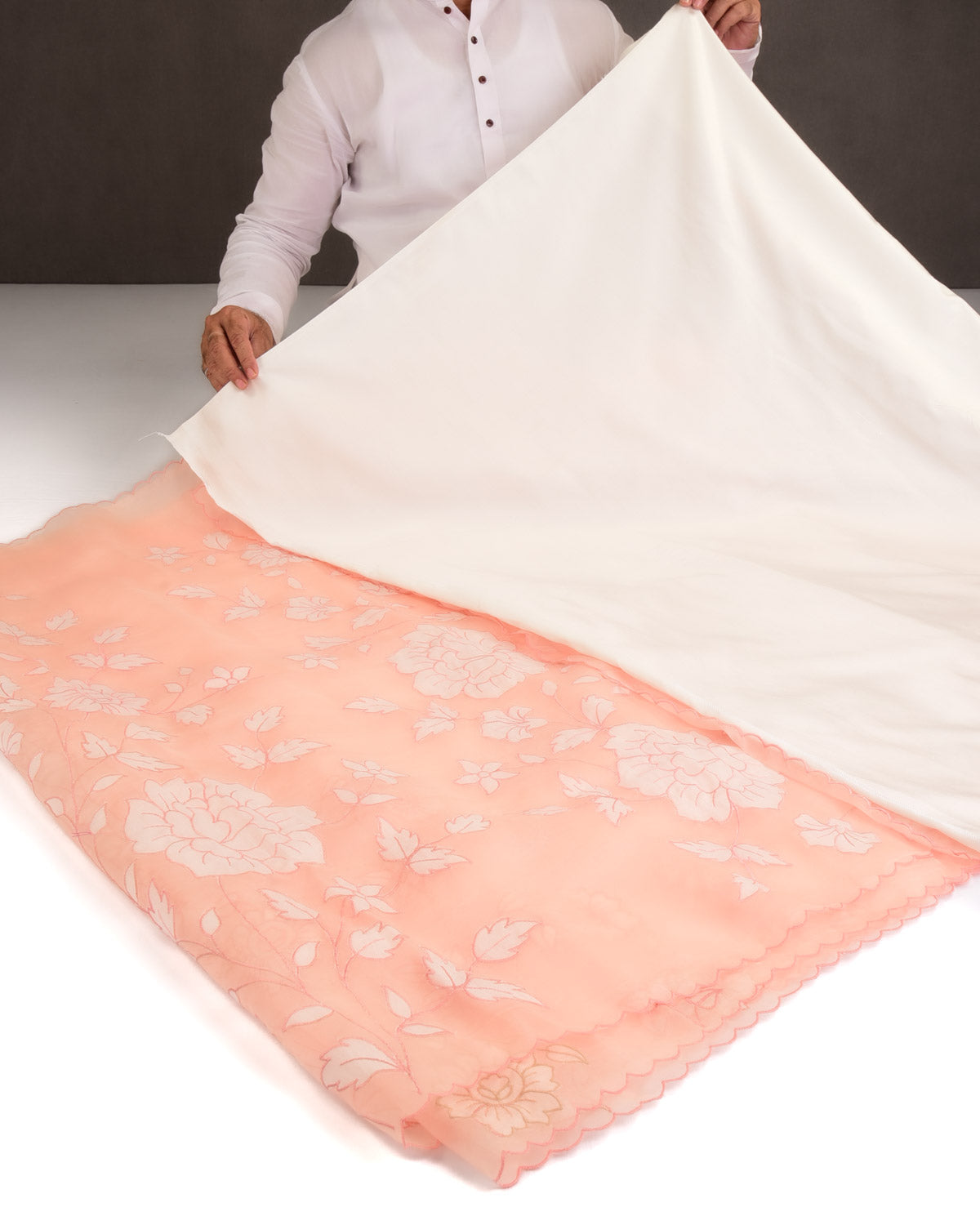 Peach Floral Applique Kora Silk Saree with Satin Blouse Piece-HolyWeaves