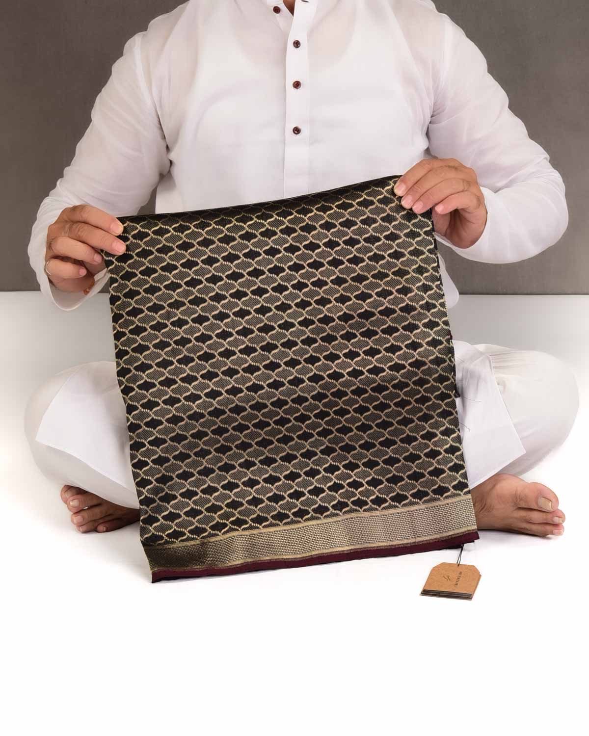 Metallic Black Moroccon Grids Brocade Handwoven Katan Silk Banarasi Saree-HolyWeaves