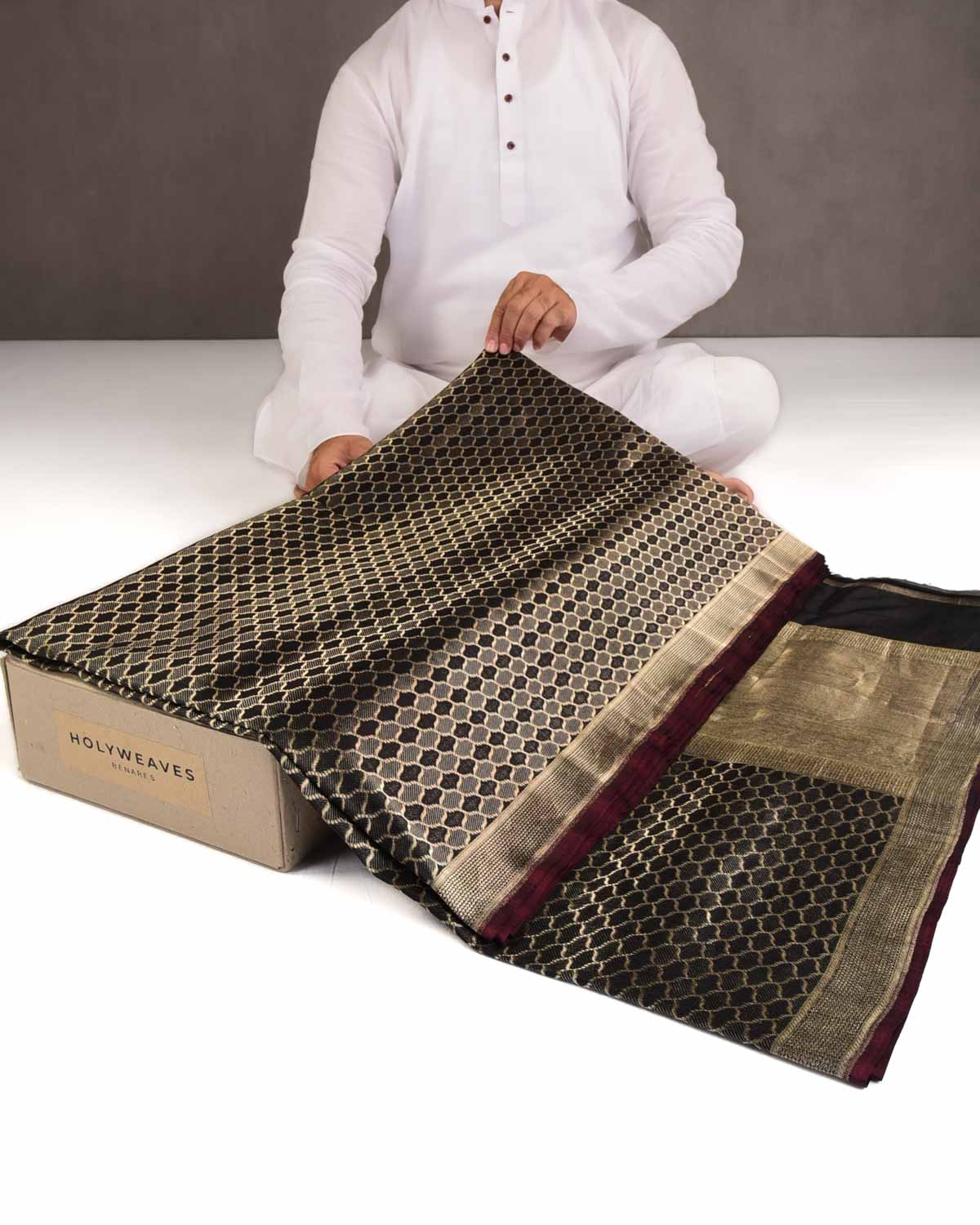 Metallic Black Moroccon Grids Brocade Handwoven Katan Silk Banarasi Saree-HolyWeaves