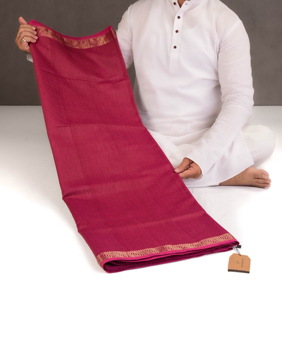 Magenta Watermark Herring Bone Tanchoi Handwoven Muga Silk Banarasi Saree-HolyWeaves