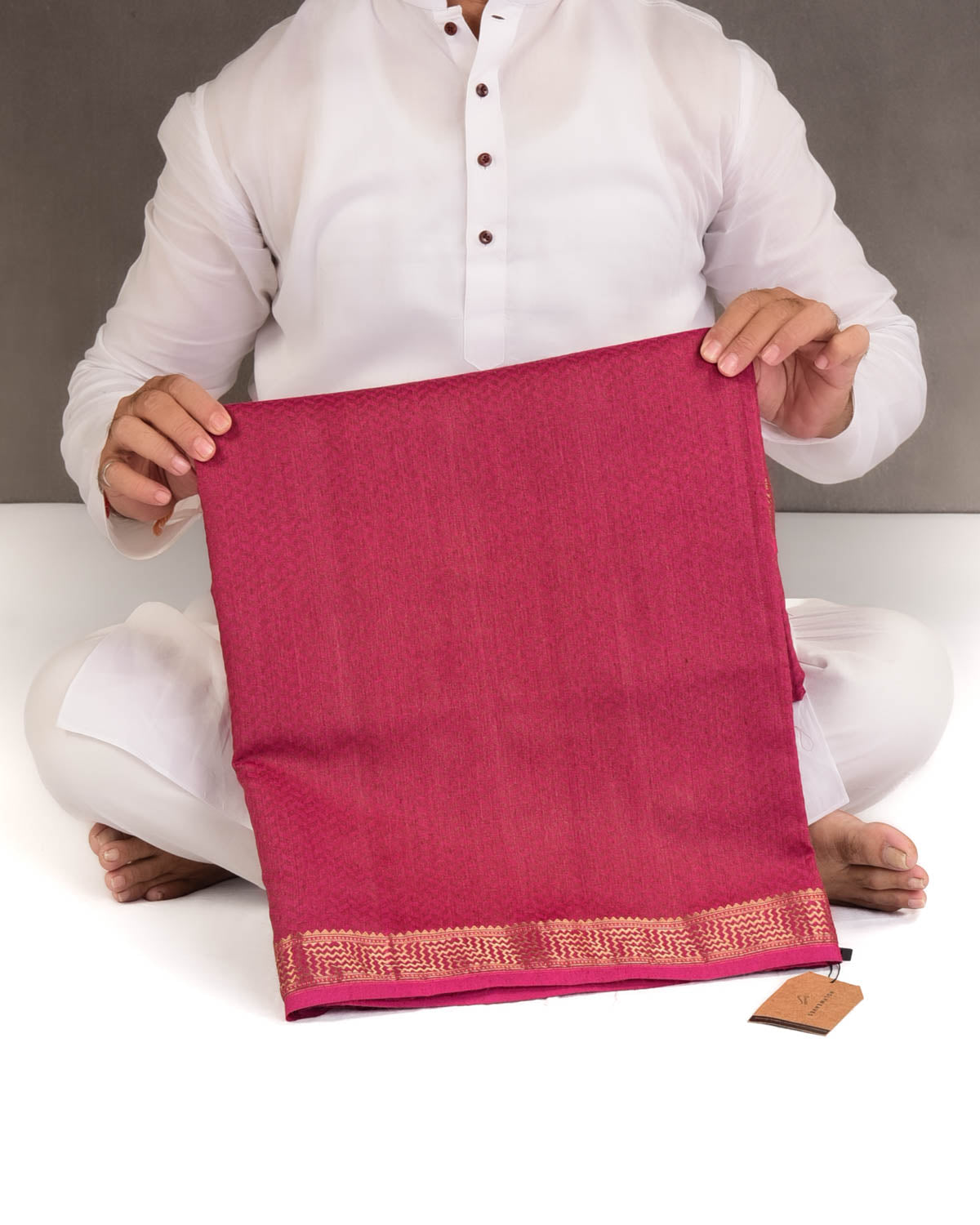 Magenta Watermark Herring Bone Tanchoi Handwoven Muga Silk Banarasi Saree-HolyWeaves