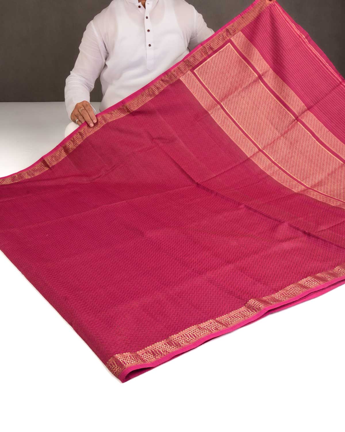 Magenta Watermark Herring Bone Tanchoi Handwoven Muga Silk Banarasi Saree-HolyWeaves