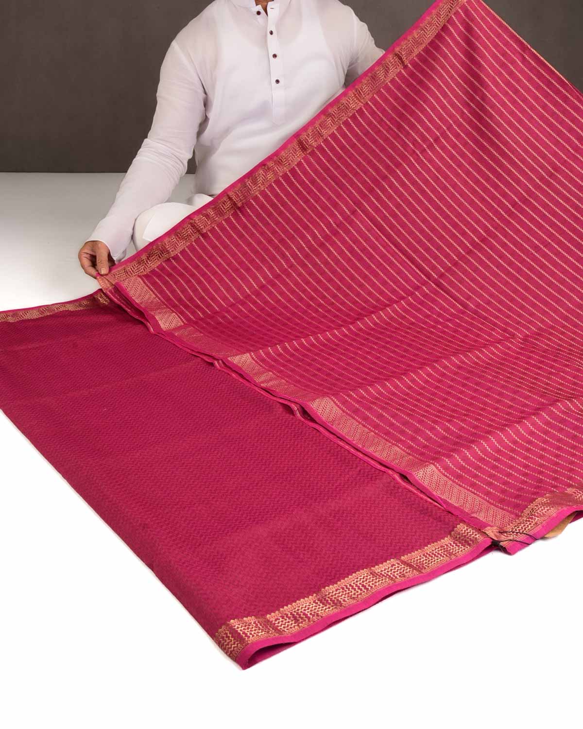 Magenta Watermark Herring Bone Tanchoi Handwoven Muga Silk Banarasi Saree-HolyWeaves