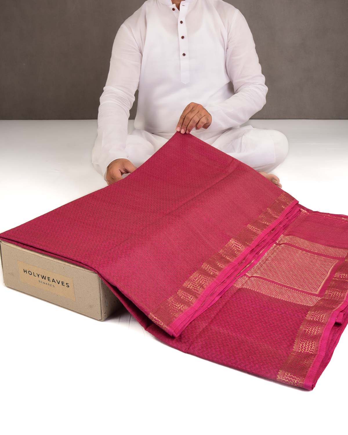 Magenta Watermark Herring Bone Tanchoi Handwoven Muga Silk Banarasi Saree-HolyWeaves