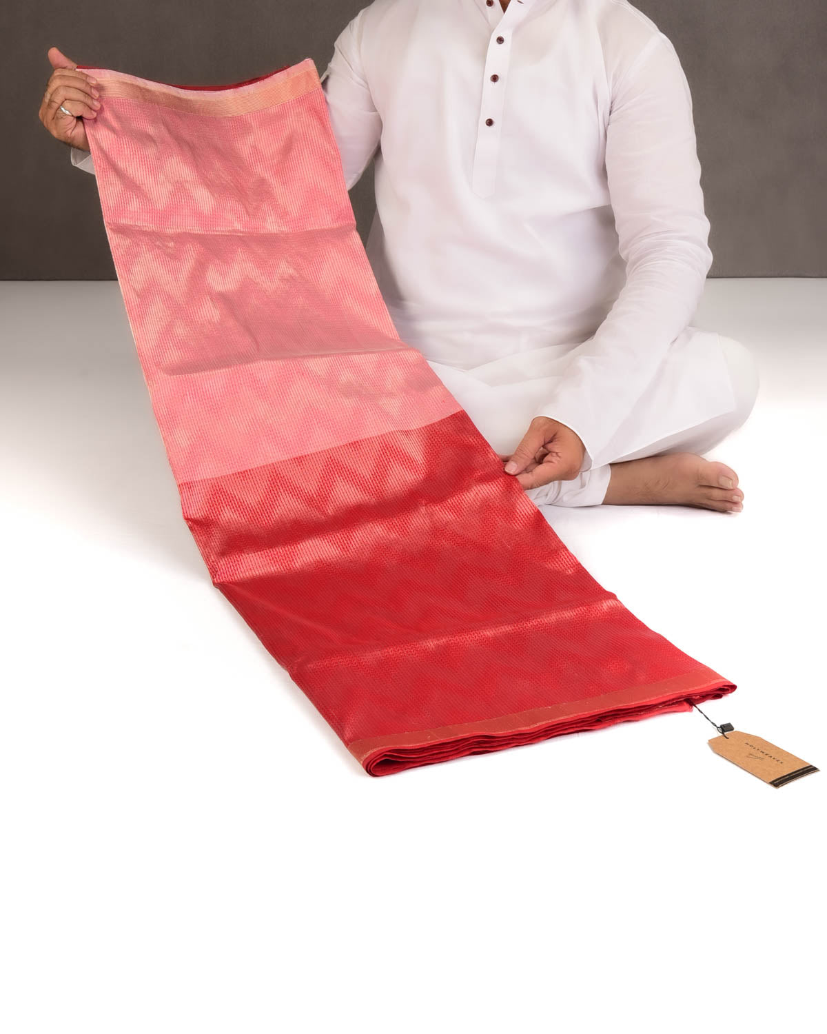 Dual Tone Red Silver Zari Chevron Kadhuan Brocade Handwoven Katan Silk Banarasi Saree-HolyWeaves