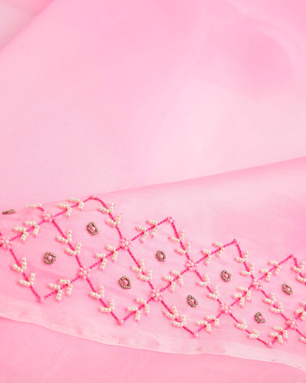 Pink Hand-Embroidered Kora Silk Saree-HolyWeaves