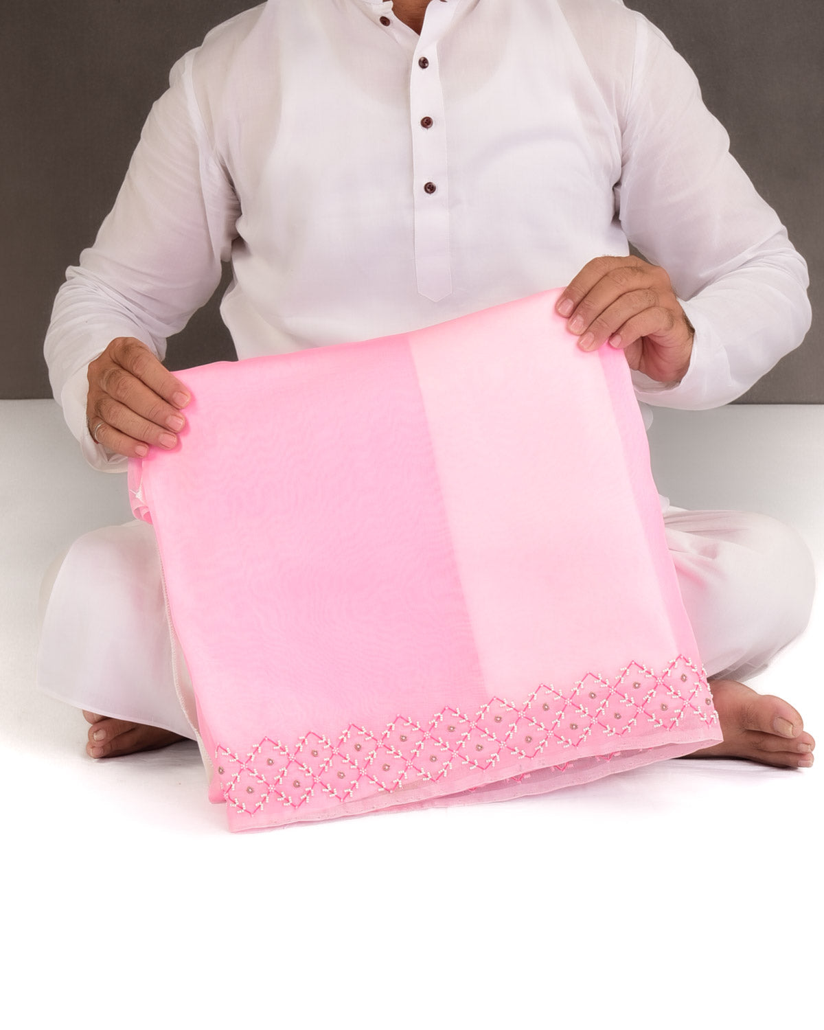 Pink Hand-Embroidered Kora Silk Saree-HolyWeaves