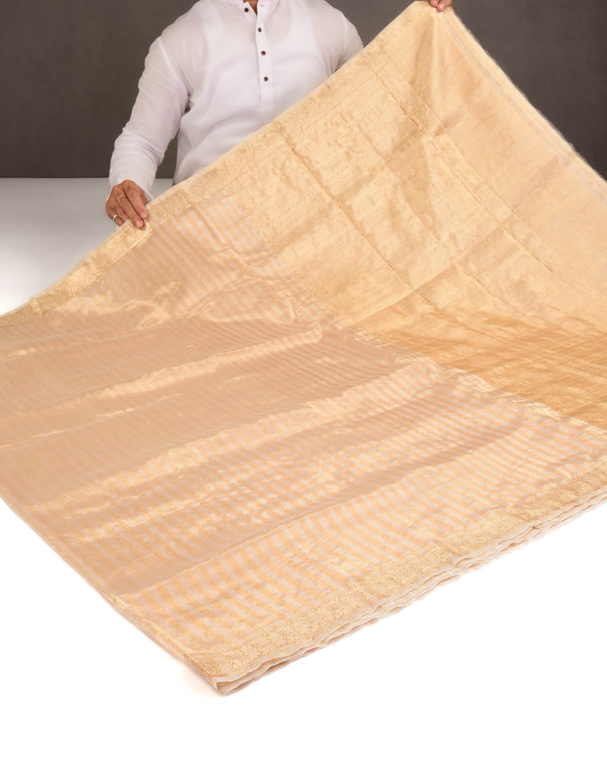 Metallic Gold & Silver Zari Stripes Woven Tissue Banarasi Saree-HolyWeaves