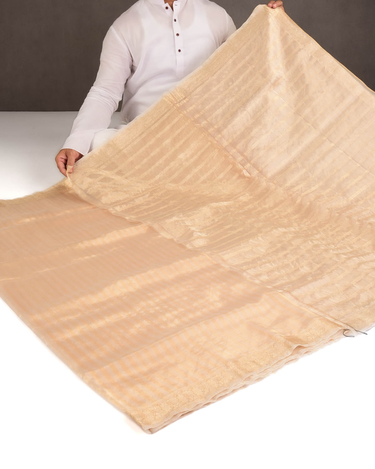 Metallic Gold & Silver Zari Stripes Woven Tissue Banarasi Saree-HolyWeaves