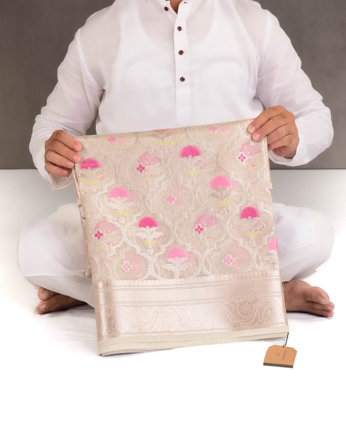 Metallic Beige Ethnic Grids Cutwork Brocade Woven Art Cotton Tissue Banarasi Saree-HolyWeaves