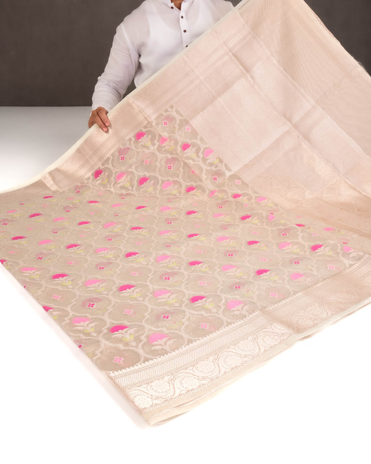Metallic Beige Ethnic Grids Cutwork Brocade Woven Art Cotton Tissue Banarasi Saree-HolyWeaves